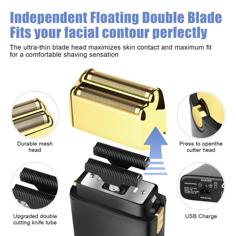 HIENA PRO Foil Shaver for Men Barber, Double Electric Foil Trimmer, Professional Electric Razor, Close Shaver, Cordless Rechargeable with USB, Black Gold