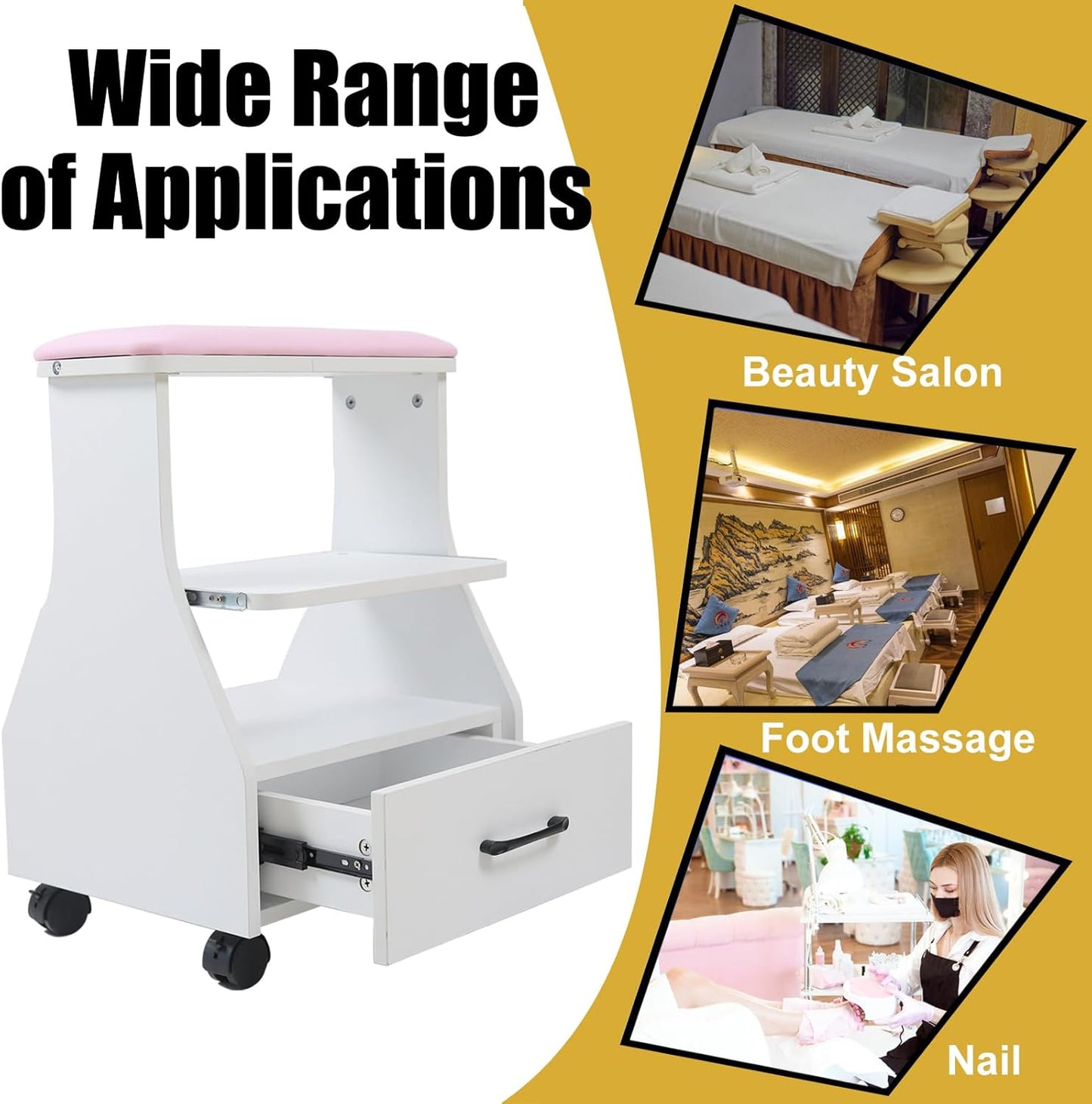 Portable Pedicure Foot Rest - Mobile Spa Stool with Wheels | Pink Trolley for Nail Techs & Beauty Salons