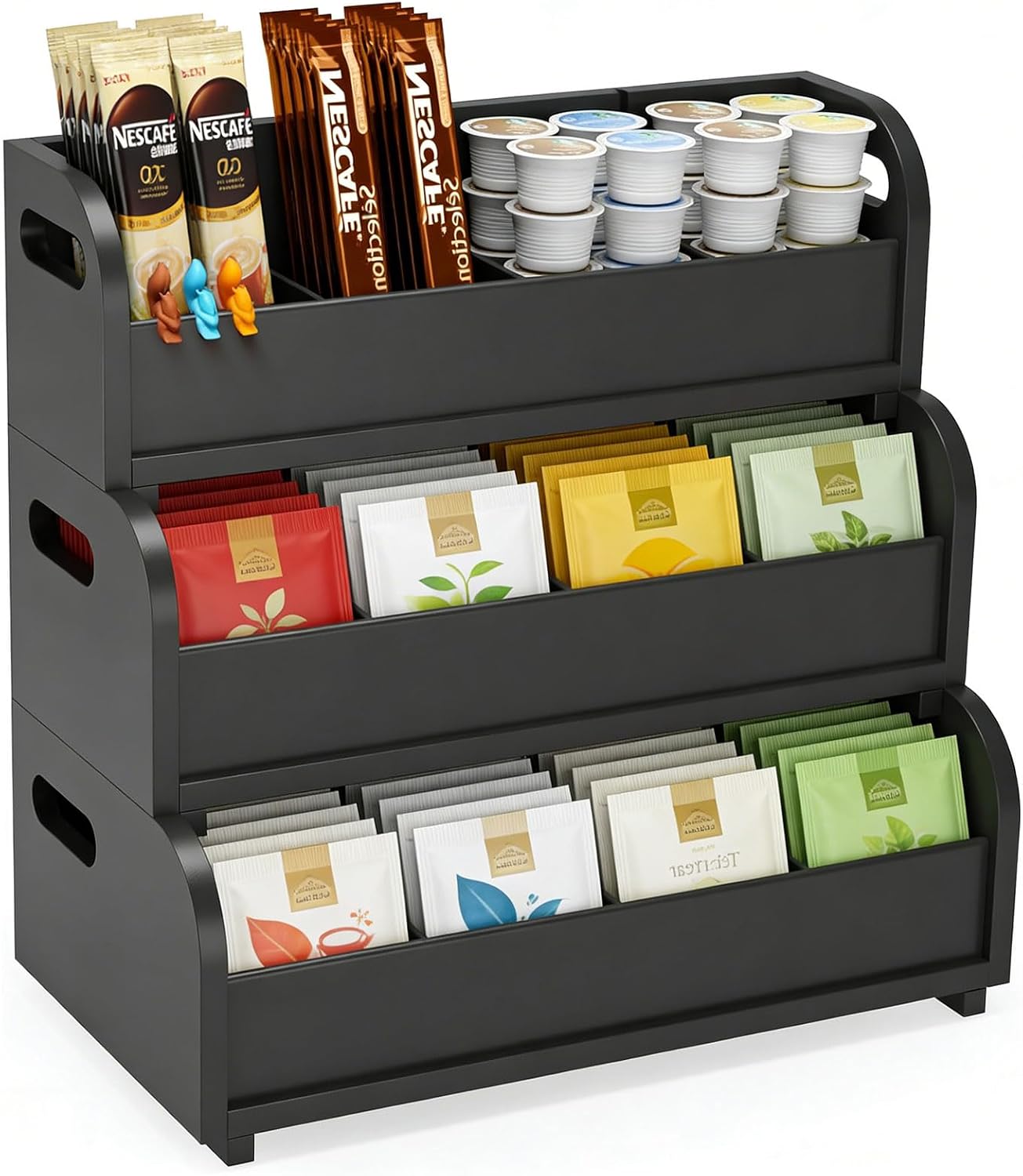 Bamboo Tea Organizer - 3 Layer Stackable Tea Bag Storage Rack | Large Capacity for Kitchen & Office (Black)