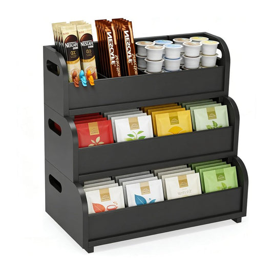 3 Layer Stackable Tea Bags Organizer,Bamboo Tea Organizer Display Rack,Large Capacity Tea Storage Box to Pantry,for Pantry Kitchen Office Coffee Station Restaurants Bars (black)
