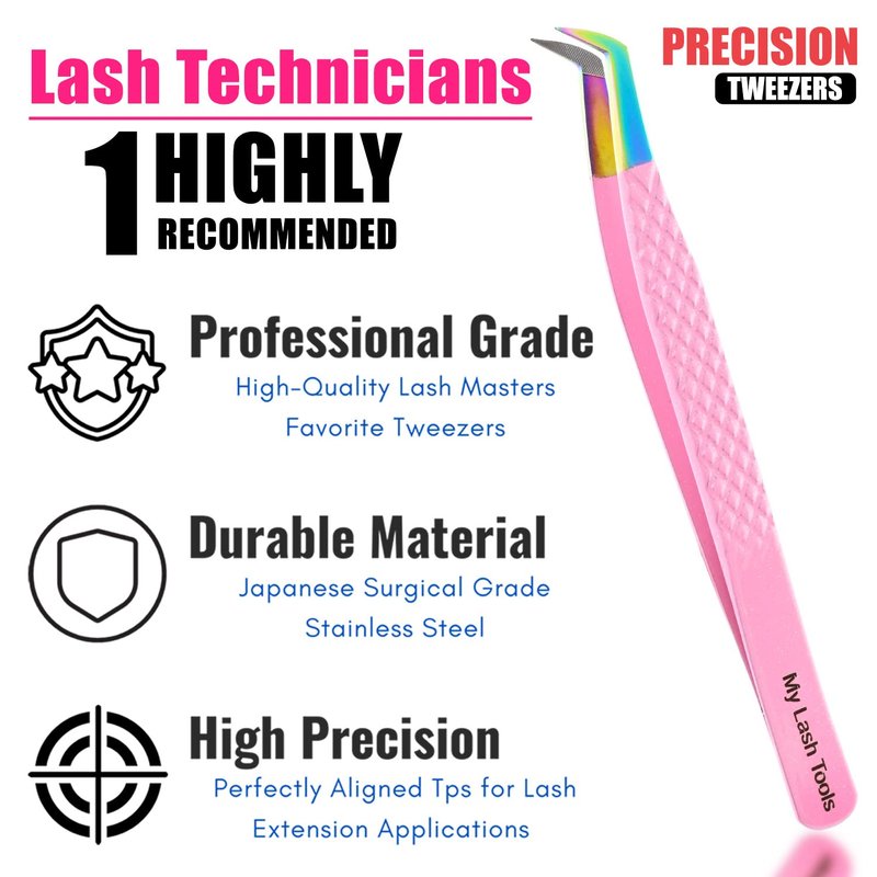 My Lash Tools Fiber Tip Lash Tweezers for Eyelash Extensions Professional Lash Tech Supplies Must Haves Volume Boot Eyelash Tweezers 12cm Stainless Steel Mink Fan Making Lashing Tweezer (Pink)