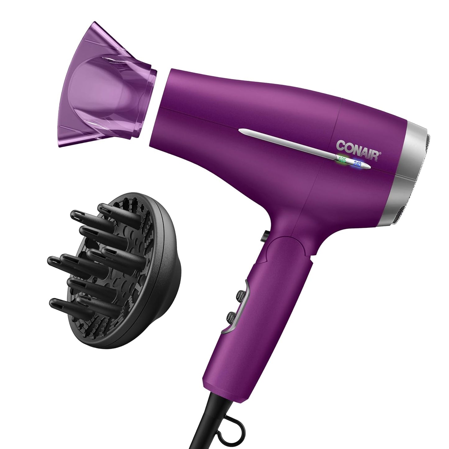 Conair Folding Handle Hair Dryer - 1875W Travel Blow Dryer with Ionic Conditioning | Purple, Concentrator & Diffuser Included