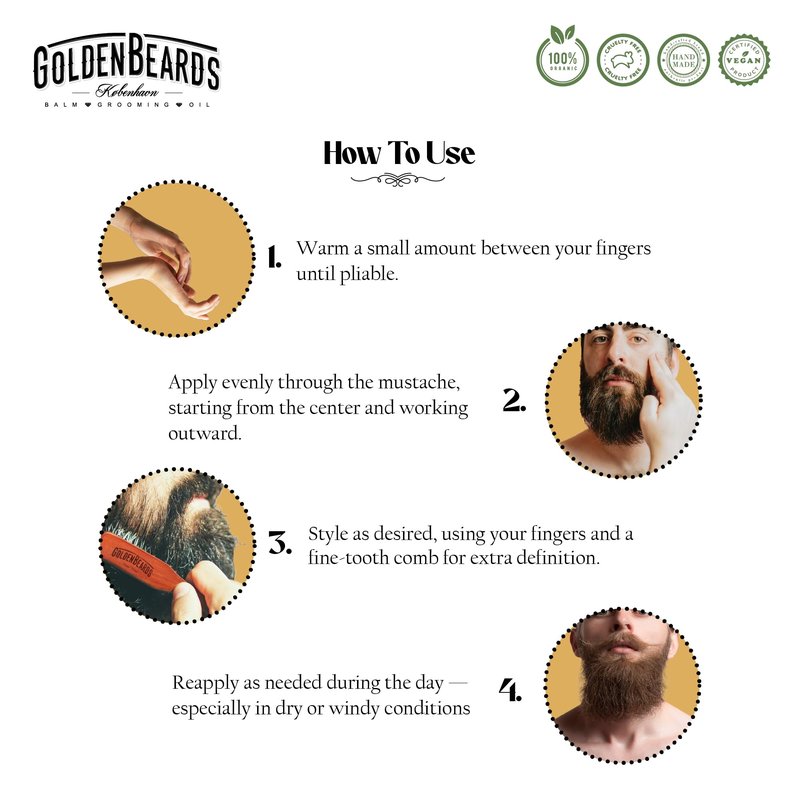 Golden Beards Mustache Wax – Organic & Natural Medium Hold Styling Wax for Men, Nourishing Beeswax & Oils, Handmade in Denmark 30ml (1oz)