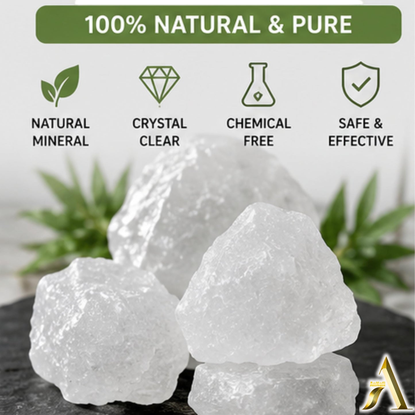 AnNafi® Natural Alum Stone Block | White Alum Crystal Rock | Phitkari Stone | Piedra de Alumbre | Tawas Mineral Crystal Chunks | Traditional Grooming & Household Mineral Stone 1000 Grams (35 OZ)