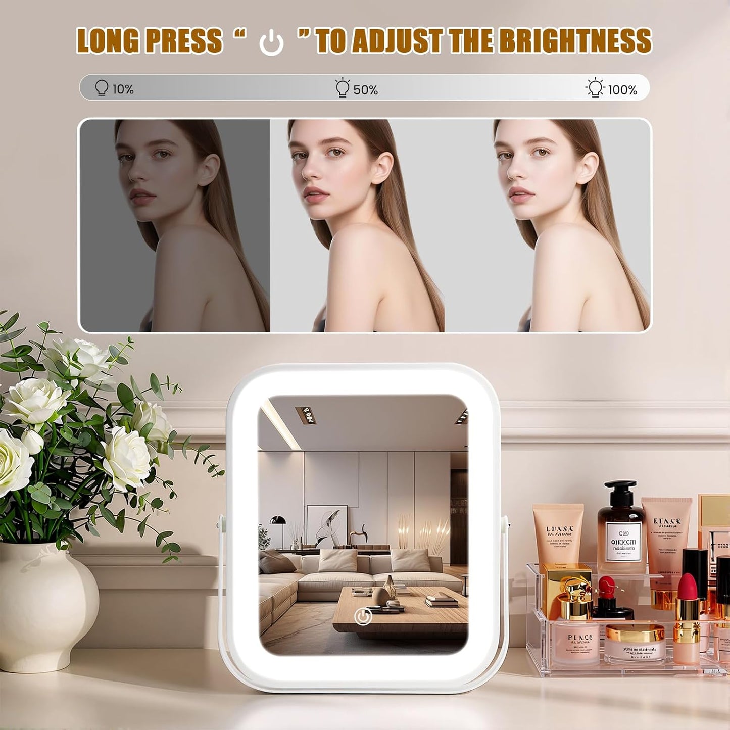 Rechargeable Makeup Mirror with Lights - 10"×8" Dimmable HD Vanity Mirror | Smart Touch, 3-Color Lighting, Portable Travel Essential