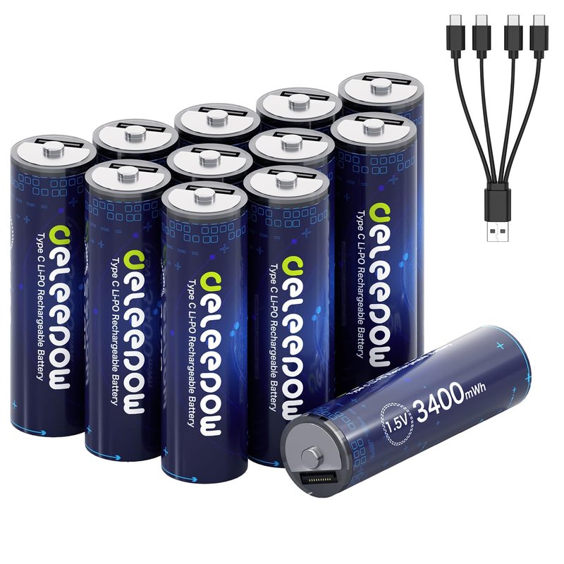 Deleepow Rechargeable AA Batteries USB 1.5V AA Lithium Rechargeable Batteries, 3400mWh 12 Pack of Lithium AA Battery with USB Cable 1500 Cycle