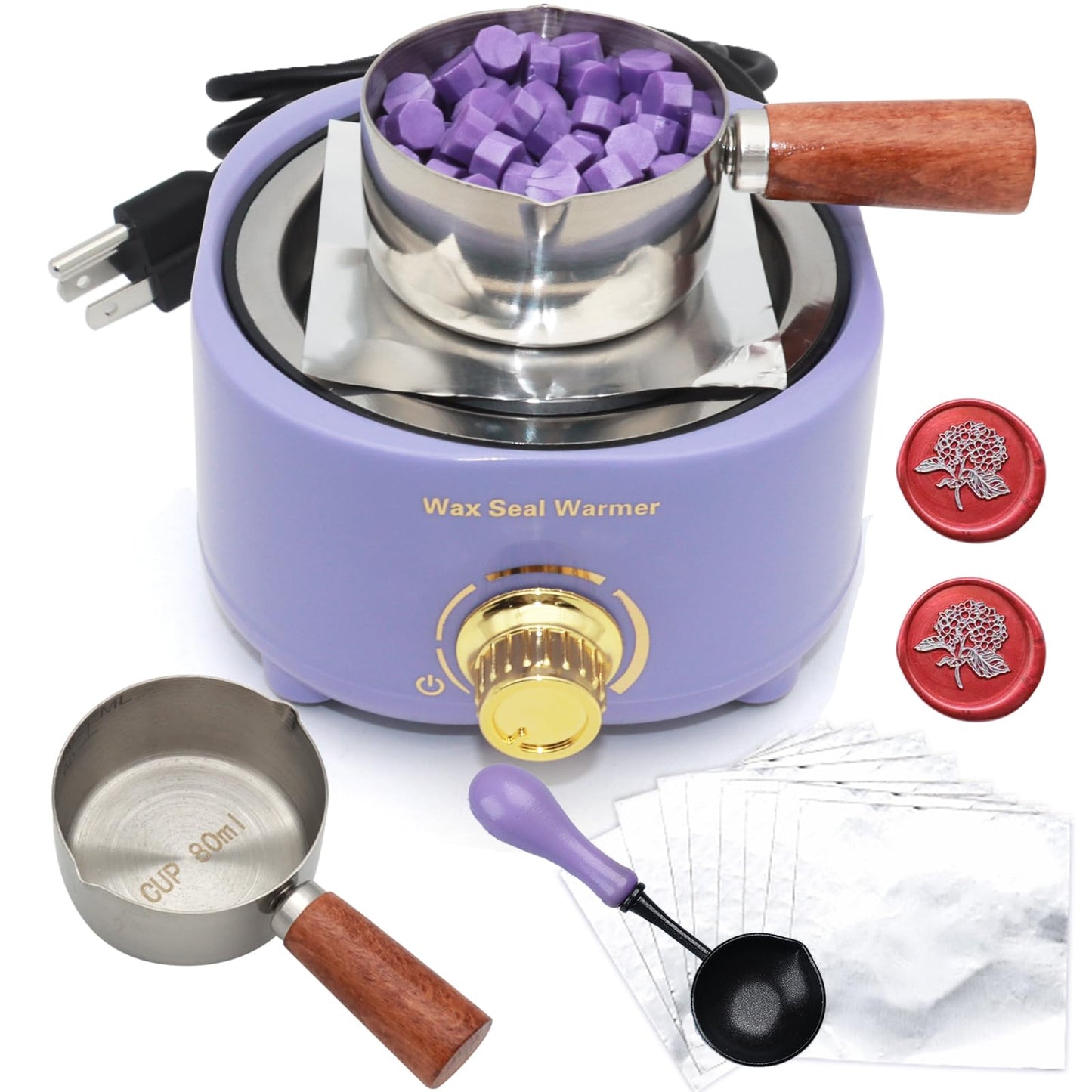 Andotopee Electric Wax Seal Warmer and Spoon Kit with 80ml Spoon, Non-Stick Sealing Wax Spoon, Tinfoil for Fast Melting Beads and Sticks - Sealing Melting Furnace Set for Stamp Seals Craft, Purple