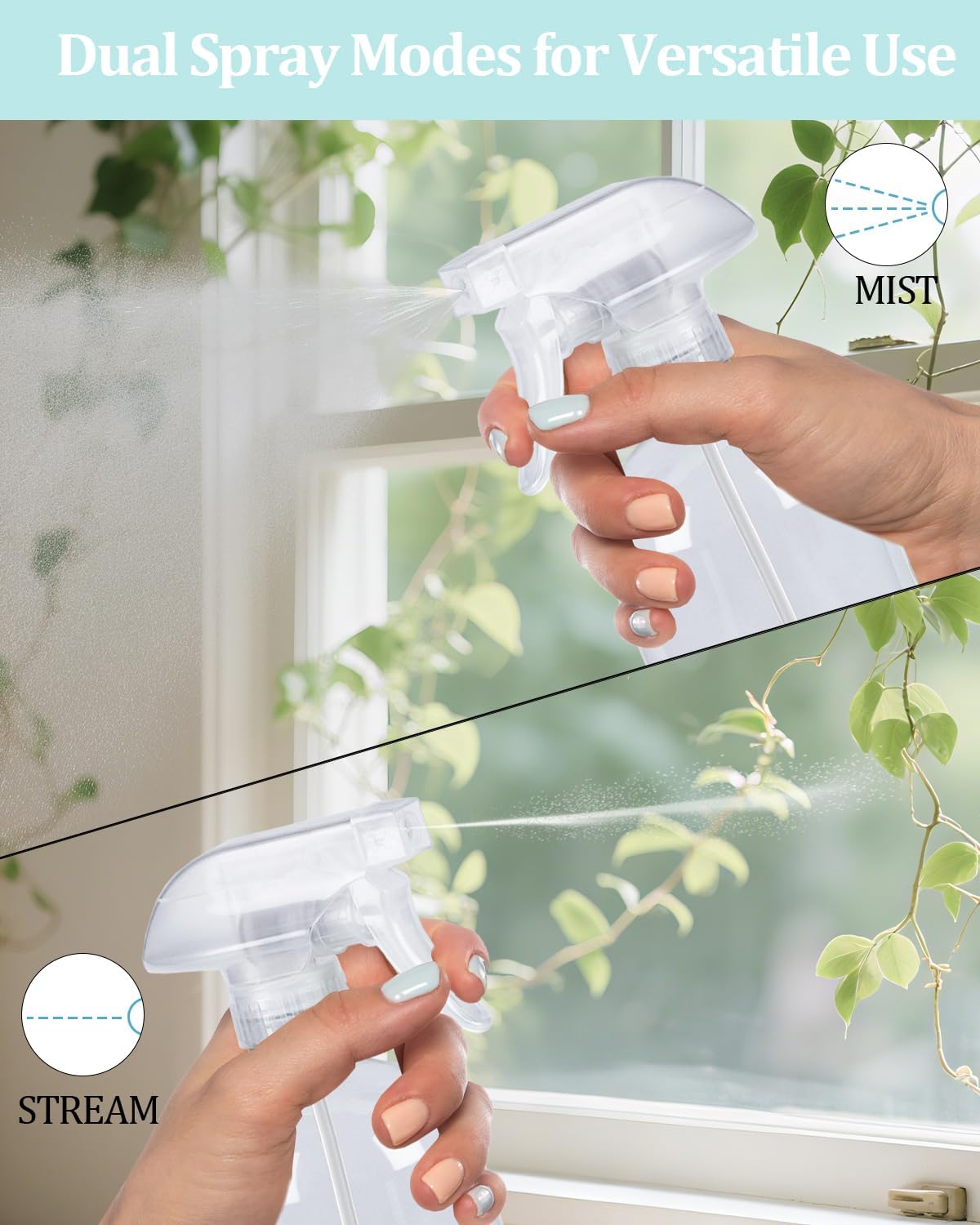 360° Spray Nozzles - 4 Pack for 8oz & 16oz Glass Bottles | Mist Stream Sprayer for Home, Garden & Office Cleaning