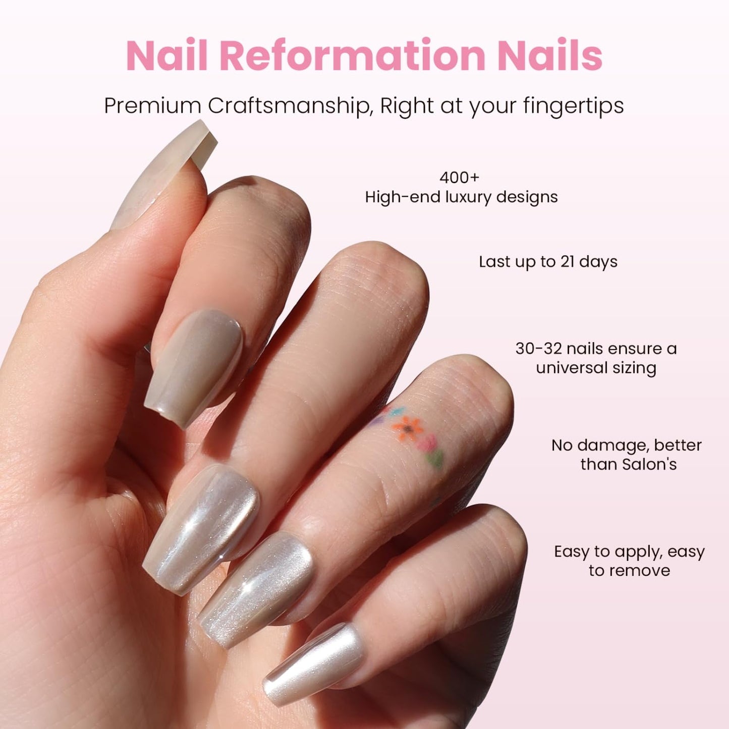 Press On Nails - Glazed Over Metallic Shimmer Coffin Nails | Reusable Short Fake Nails Kit - 30 Pcs in 15 Sizes with Glue