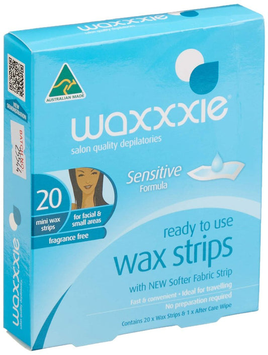 Waxxxie Ready to Use Sensitive Mini Wax Strips Face 20 Pack | Salon Formula | 100% Vegan | No Preparation Needed | Reusable up to 5x | After Wax Oil Included