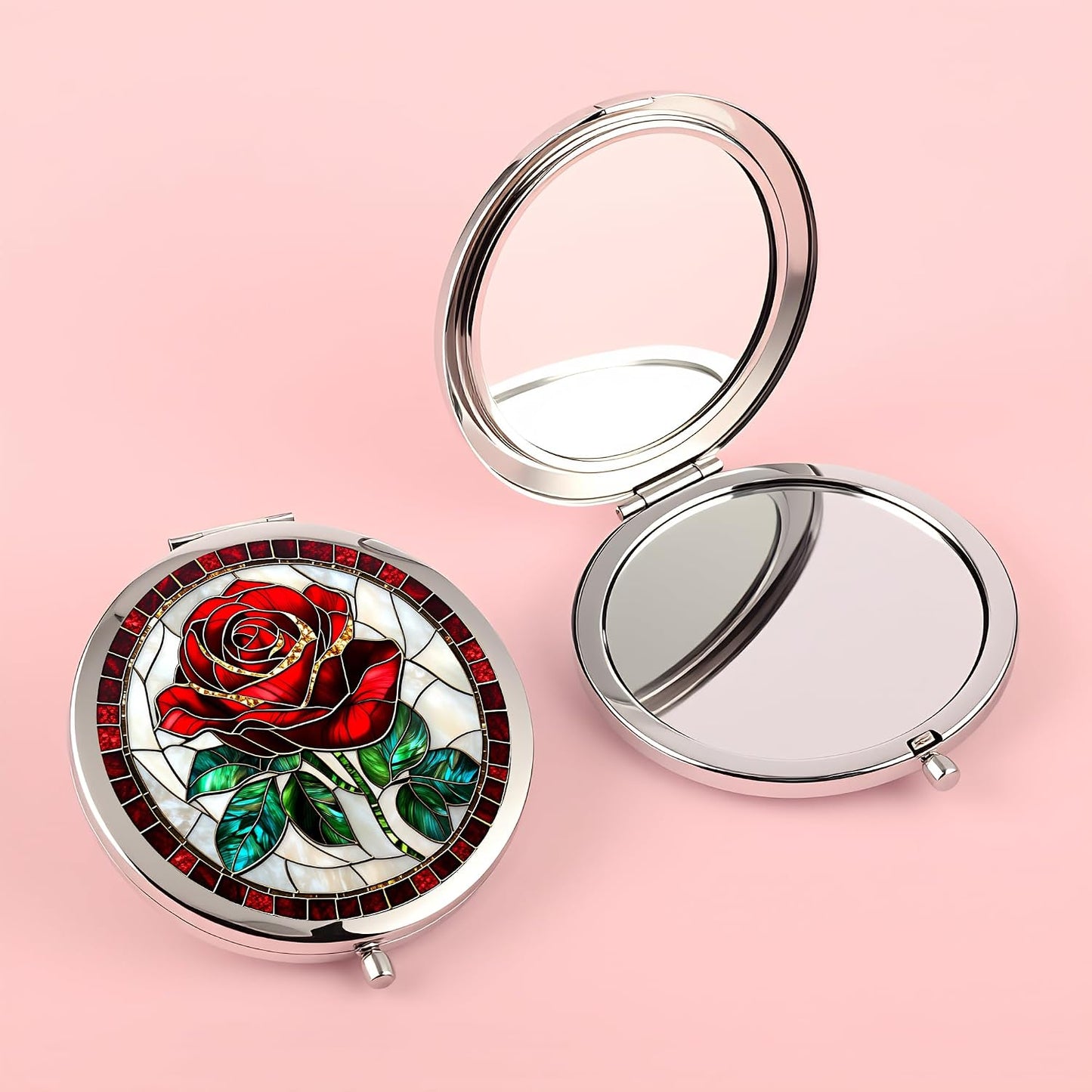 Silver Compact Mirror - Double-Sided Folding Makeup Mirror with Red Rose Design | 2.8 x 2.8 Inches, Perfect Gift for Women