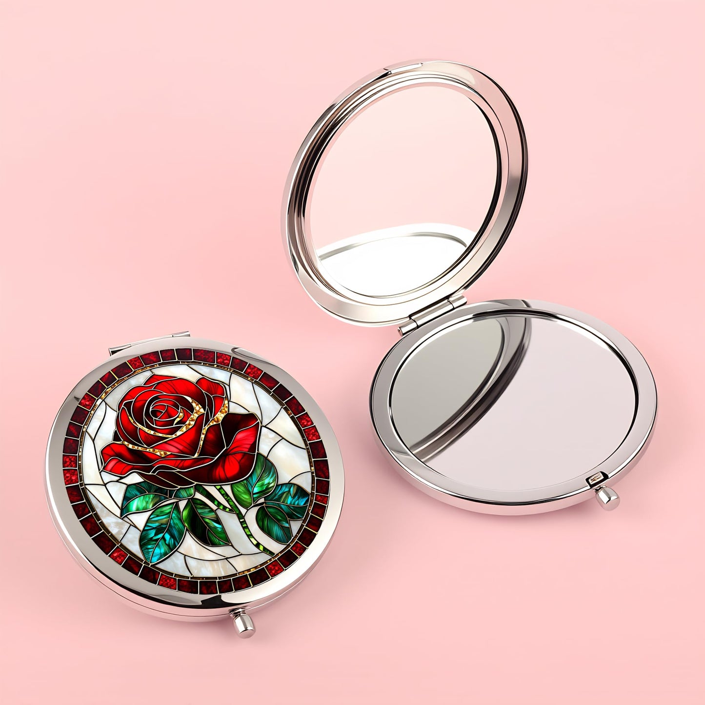 Silver Compact Mirror, 2.8x2.8inch Double-Sided Folding Makeup Mirror with Red Rose Stained Design, Ideal Gift for Women