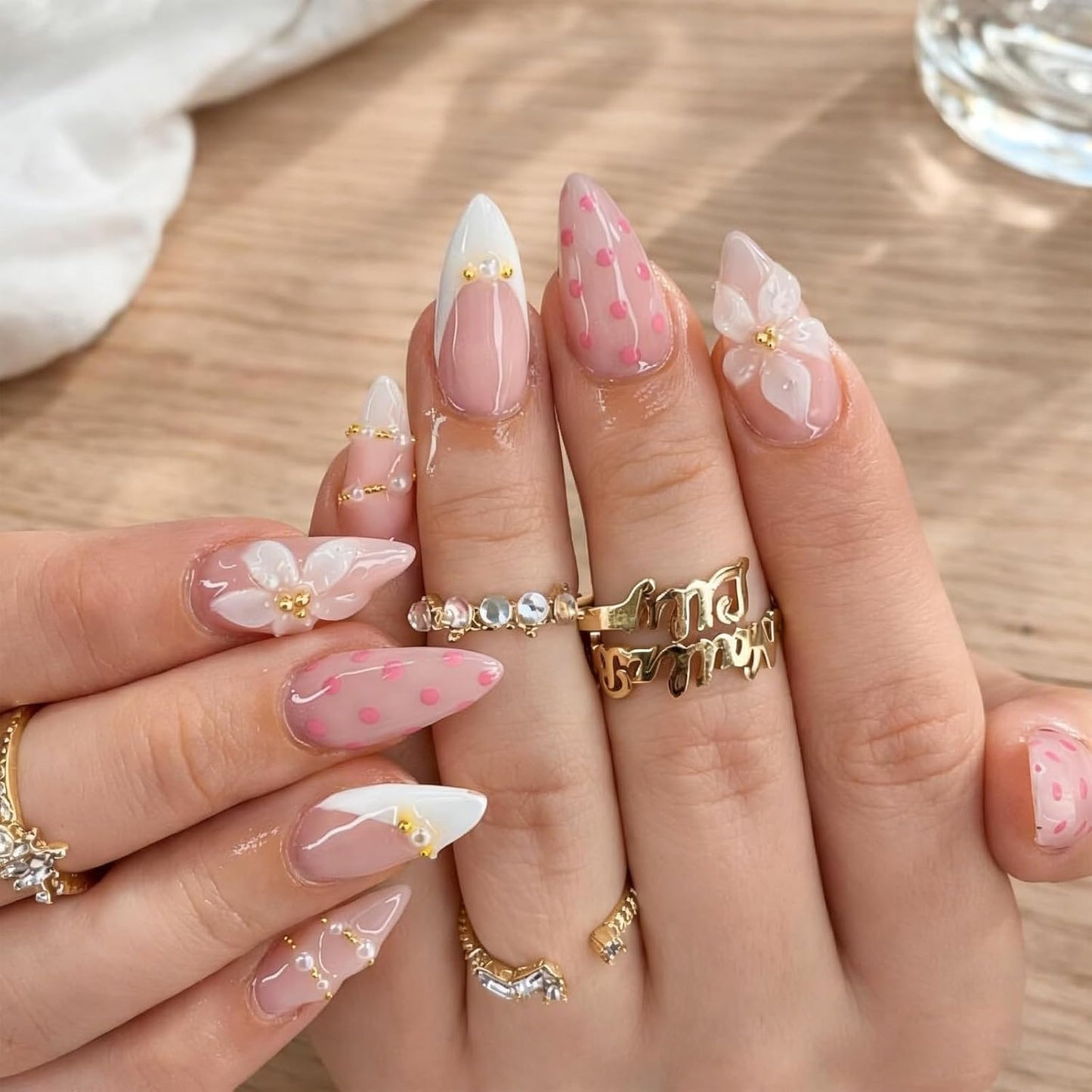 3D Pink Flower Press-On Nails - Nude Pink Gradient French Tip | Medium Almond, Reusable 30 Pcs for Weddings