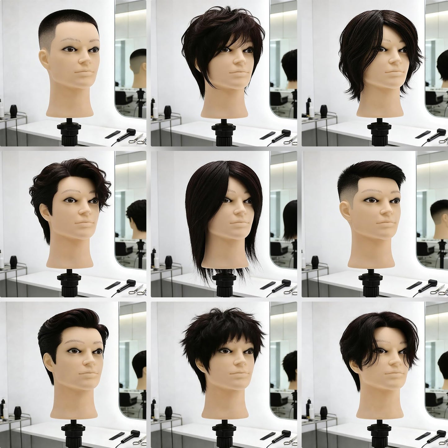 Male Mannequin Head, 8" Barber Mannequin Head, 100% Real Black Hair Head with Table Clamp, Professional Cosmetology Hairdresser Training Doll Manikin Head for Practicing Hair Cutting and Styling