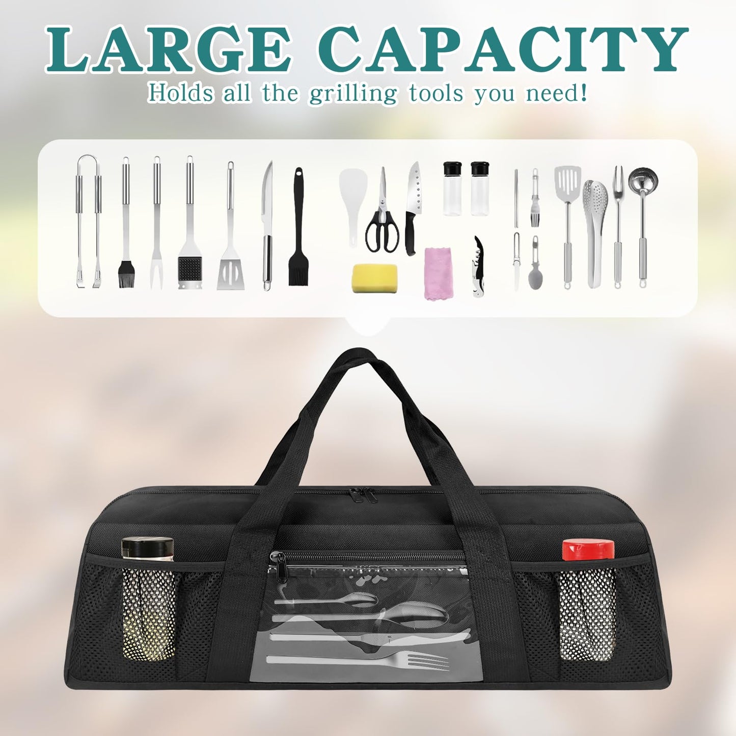 BOHEMIABY Grill Utensil Storage Bag, Large BBQ Tool Organizer Holder Caddy Case with Pockets, Fits up to 20" Tools, for Outdoor Grilling, Camping, Picnic, Barbecue Accessories (Bag Only, Black)