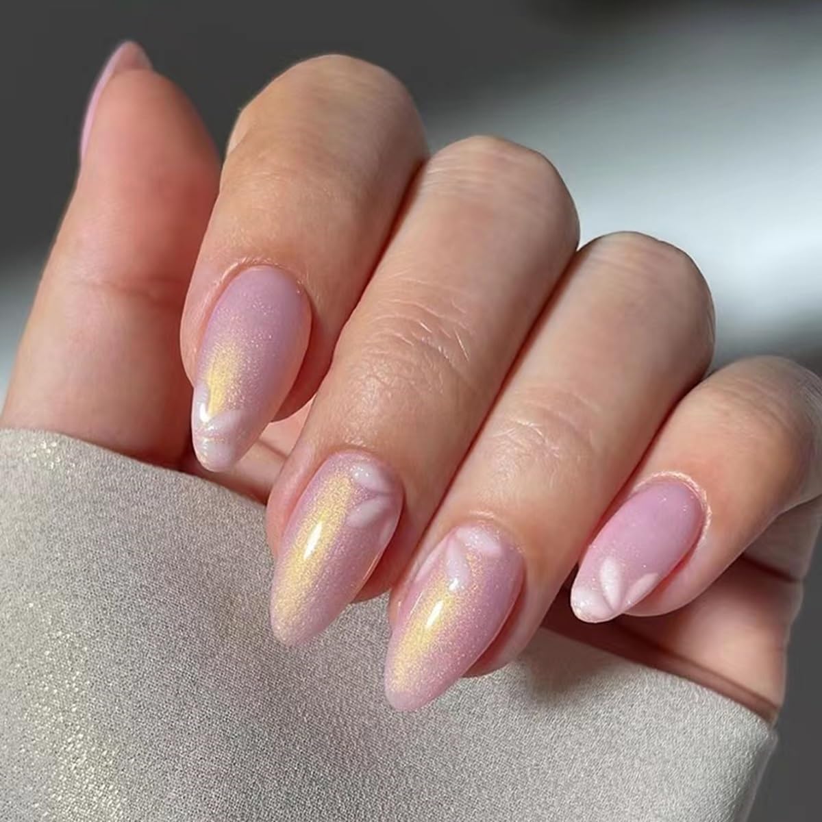 Press On Nails Almond - Medium Aurora Design Full Cover Fake Nails | 24 Pcs White Stick-On for Women