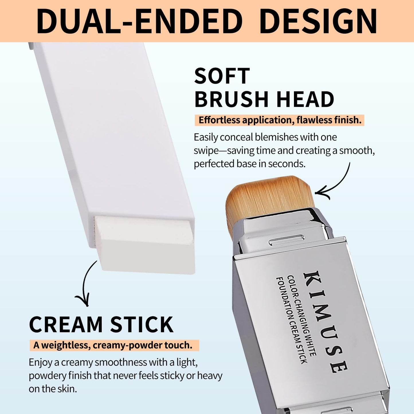 KIMUSE Color-Changing White Foundation Cream Stick, Long Lasting Color Changing Foundation, Medium to Full Coverage Stick Base Makeup, Dual-Ended with Brush
