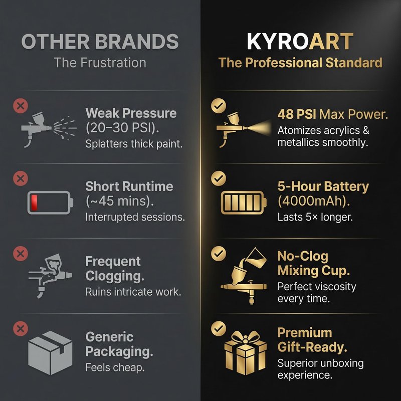 KyroArt Airbrush Kit with Compressor - 48 PSI Cordless Airbrush Gun, Nail Airbrush Machine & Airbrush Sets - Anti-Clog Air Brush for Nails & Airbrush Makeup Kit - 4000mAh Battery, 3 Modes