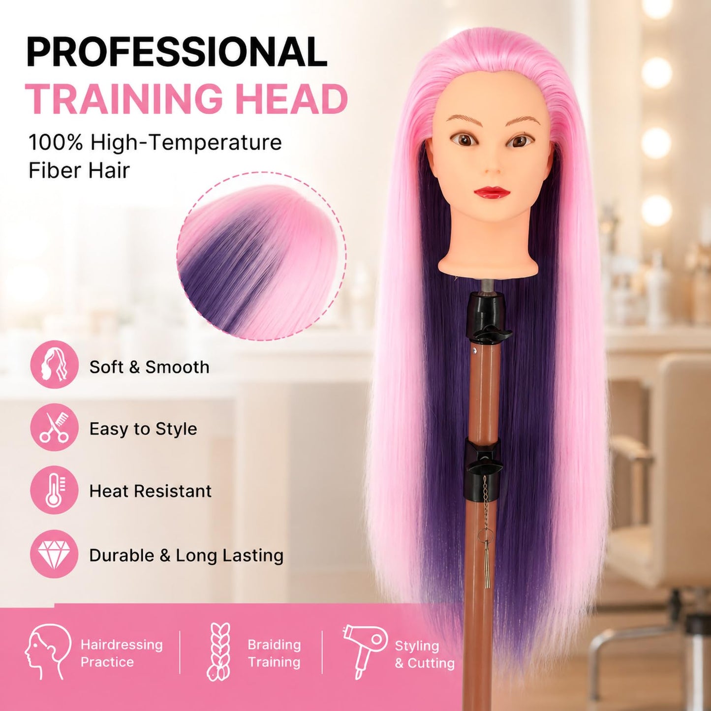 Mannequin Head with Hair,29" Professional Cosmetology Mannequin Head Doll Head for Hair Styling, Braiding, Cutting Practice, Training Head with Clamp + Practice Tools (Pink&Purple)