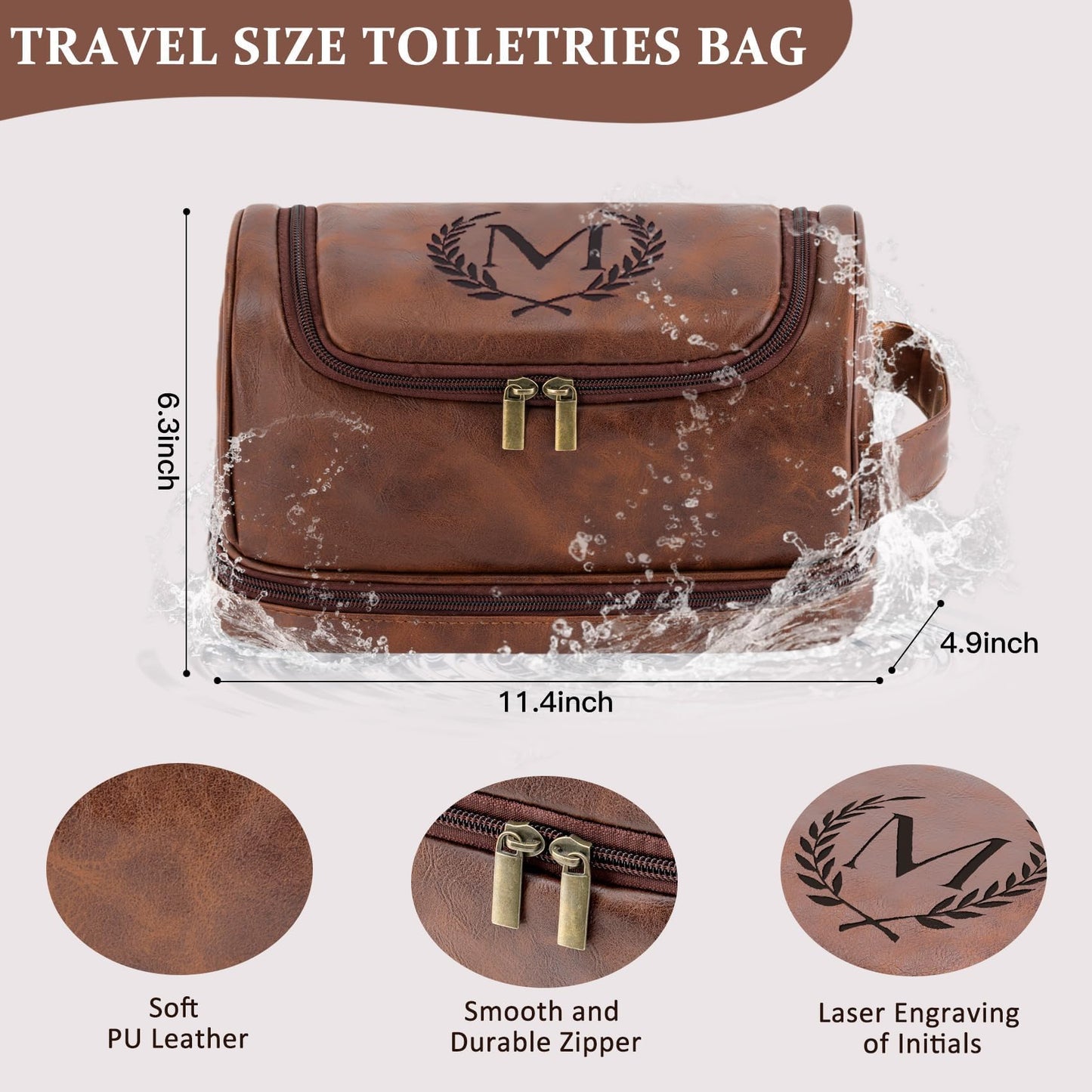 Aganmi Personalized Christmas Birthday Gifts Toiletry Bag for Men Dad Husband, Custom Initial PU Leather Waterproof Toiletry Organizer Dopp Kit Shaving Bag Travel Essential for Men, Reddish Brown J