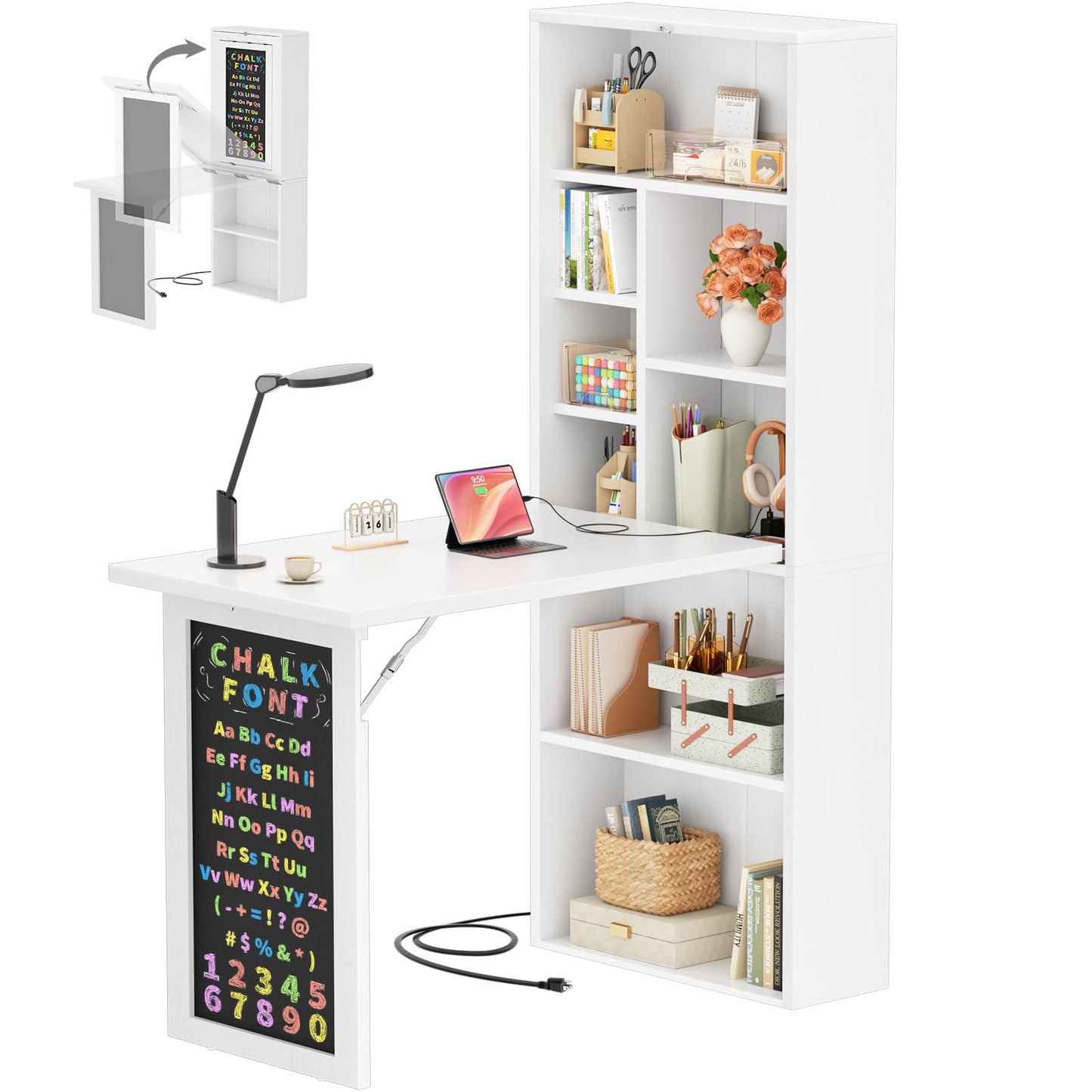 Armocity Small Folding Desk with Outlets, Convertible Writing Desk for Small Spaces/Home Office/Craft Room, Multi-Function Desk Workstation with Blackboard, Fold-Out Cabinet Table, White