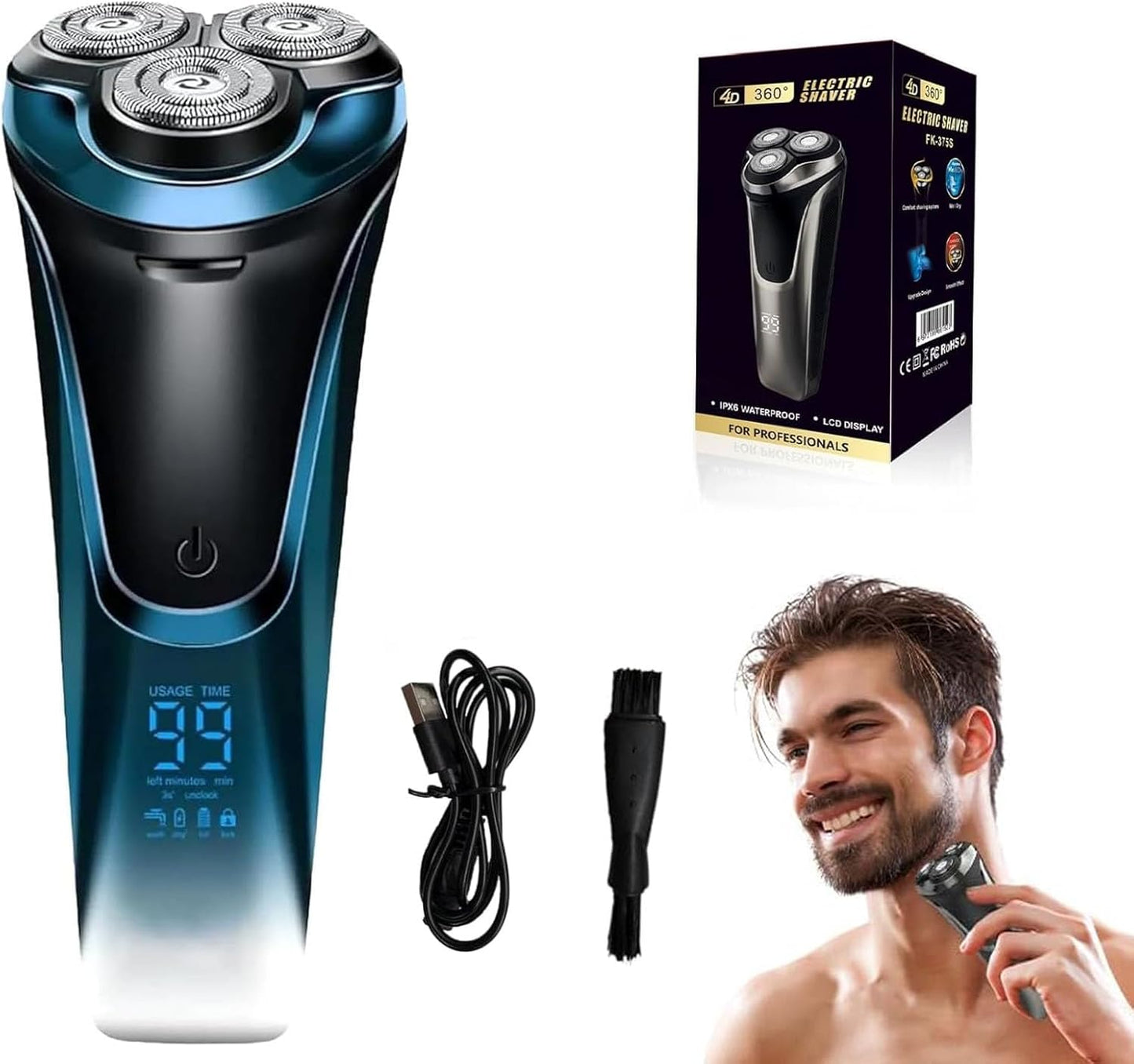 Electric Razor for Men - 4D Floating Head Rotary Shaver | IPX7 Waterproof, Fast Charging, LCD Display (Blue)