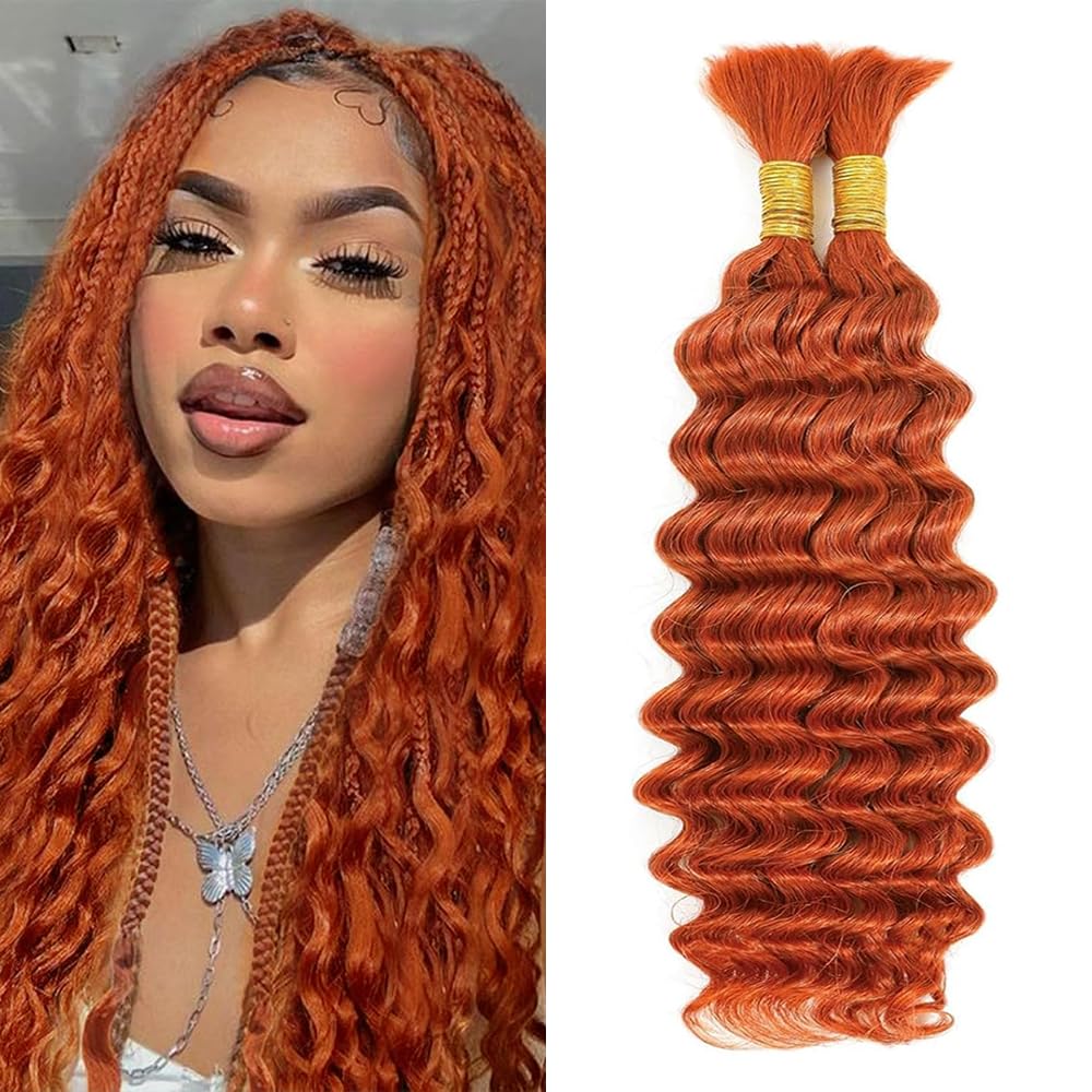 350 Boho Human Hair 18 Inch 2 Bundles 110g Orange Deep Wave Bulk Human Hair for Braiding Blonde Braiding Hair Bundles Curly Hair Extensions No Weft 2 Braids