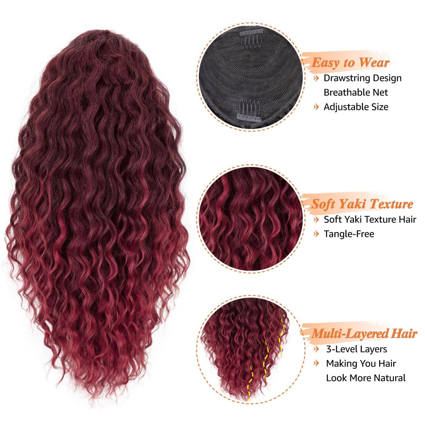 Ponytail Extension with Bangs - Yaki Curly 20 Inch Drawstring Hairpiece | Wavy Layered Synthetic Ponytail for Women