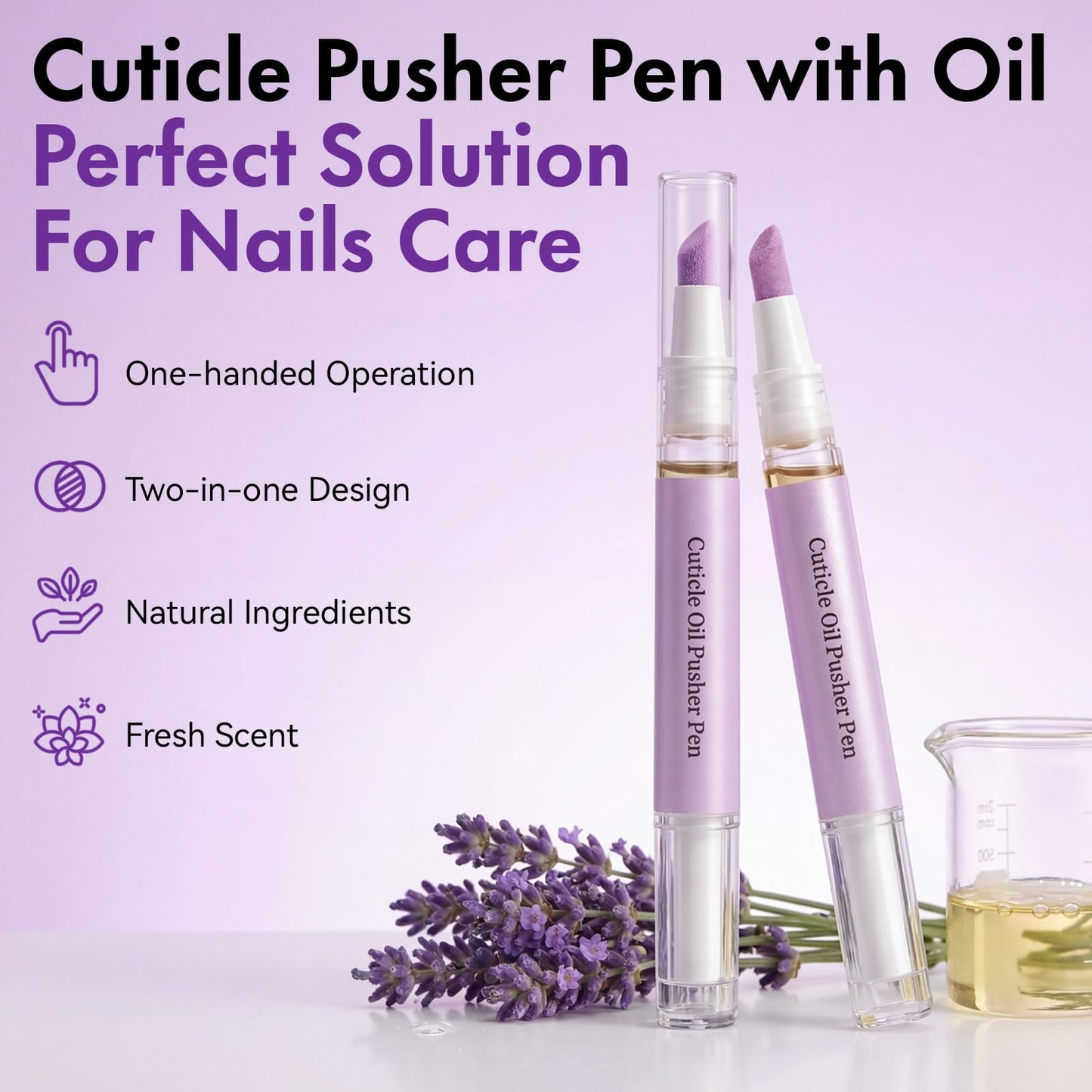 Glopink 2 in 1 Cuticle Oil Pusher Pen, Ceramic Cuticle Pen with 2ml Lavender Oil, Gentle Cuticle Remover Pen for Hangnails, Dry & Damaged Nails, Exfoliates, Strengthens, Polishes, Smoothes, 2 PCS