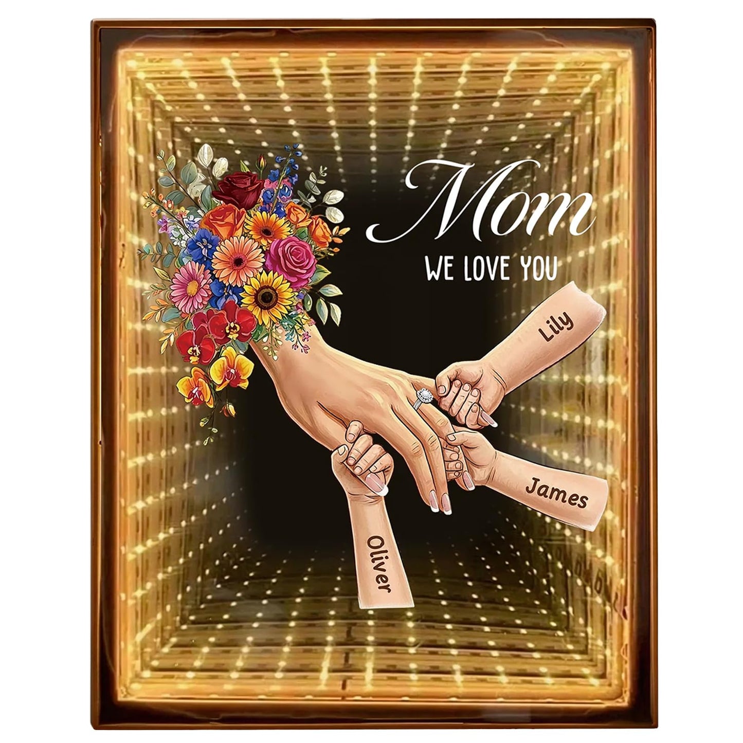LogaPresent Hand in Hand Personalized Mom and Kids' Hands Mirror Light Custom Mommy Holding Hands Mirror with Kids Names for Mom Nana Grandma Mothers Day (Mirror Box-3)