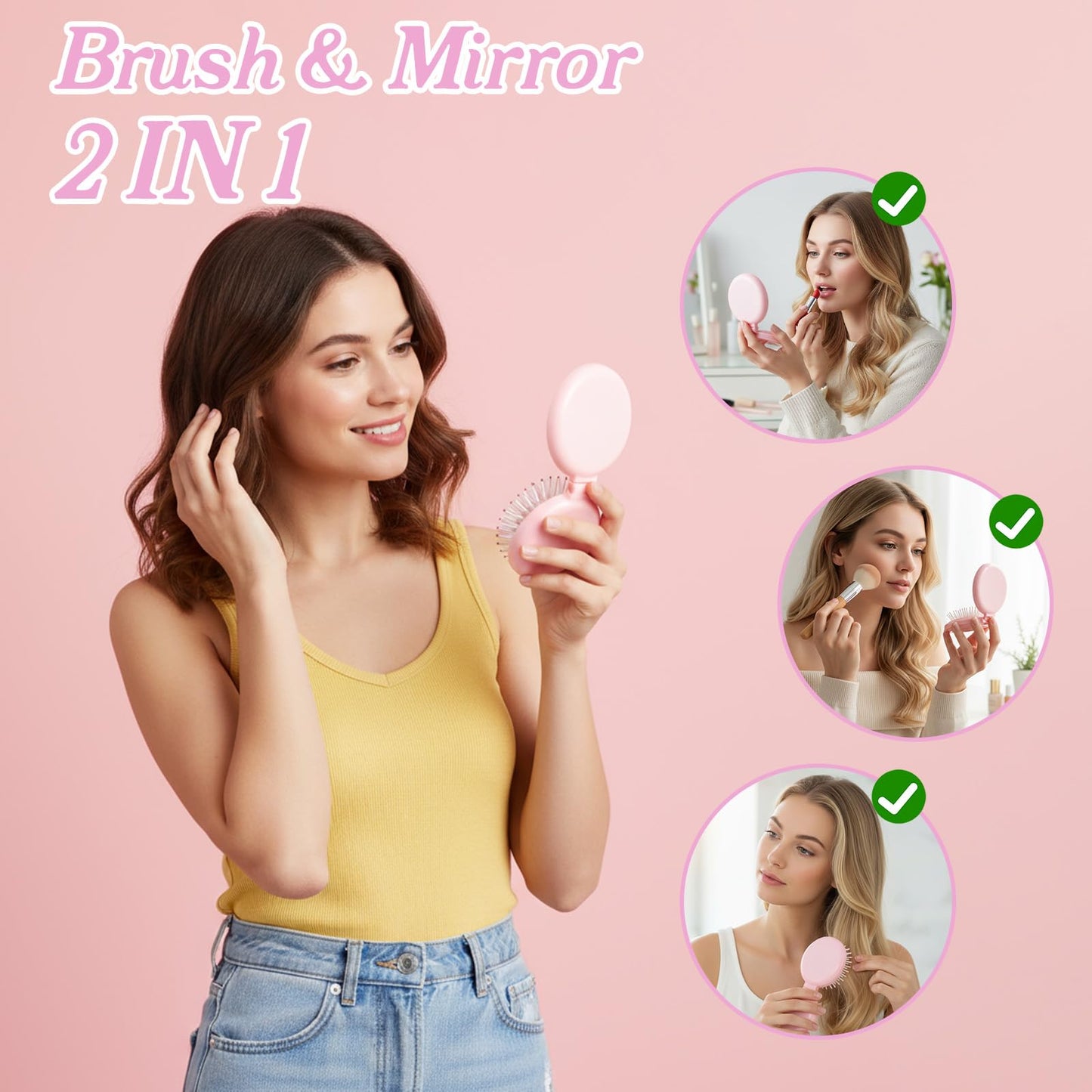 Mini Travel Brush for Women Folding Hair Brush Portable Mini Hairbrush with Mirror, Compact Pop Up Pocket Brushes, Small Travel Size Flip Brushes for Purse Girls Wet and Dry Hair, Pink