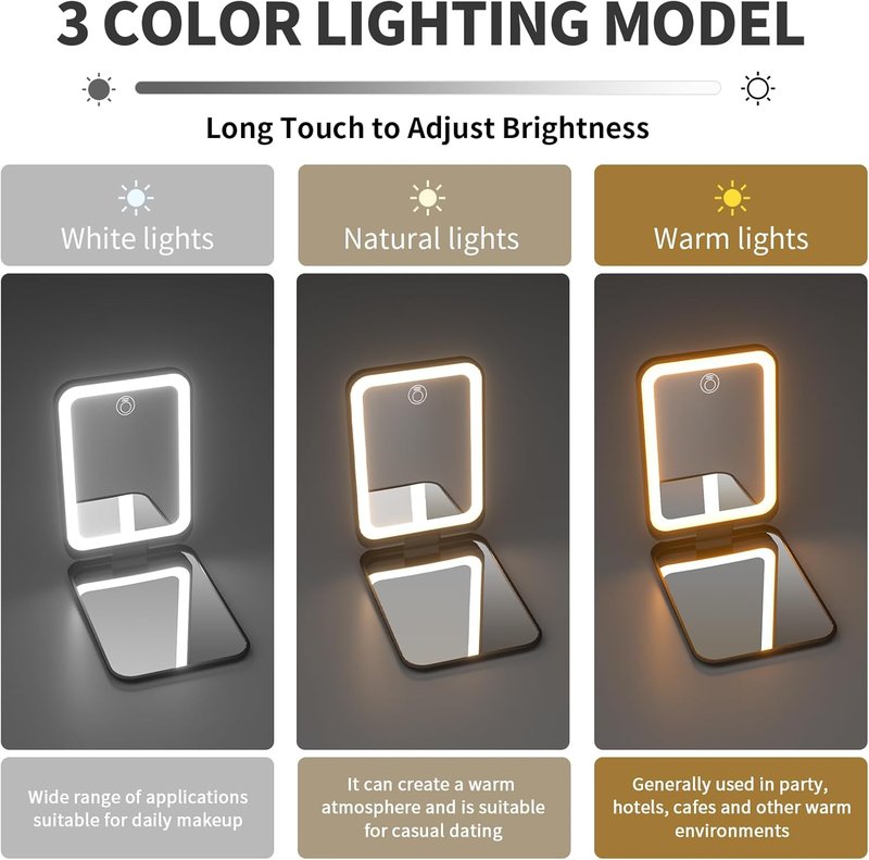 Kintion Pocket Mirror - Rechargeable Dimmable 3 Color LED Lighting | Compact Travel Makeup Mirror for Women - Black