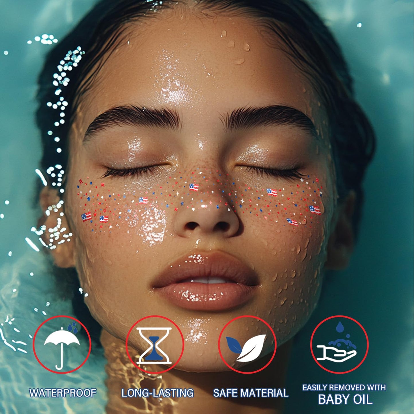 USA Flag Glitter Freckles - 8 Pcs Red, White & Blue Face Tattoos for 4th of July & Memorial Day