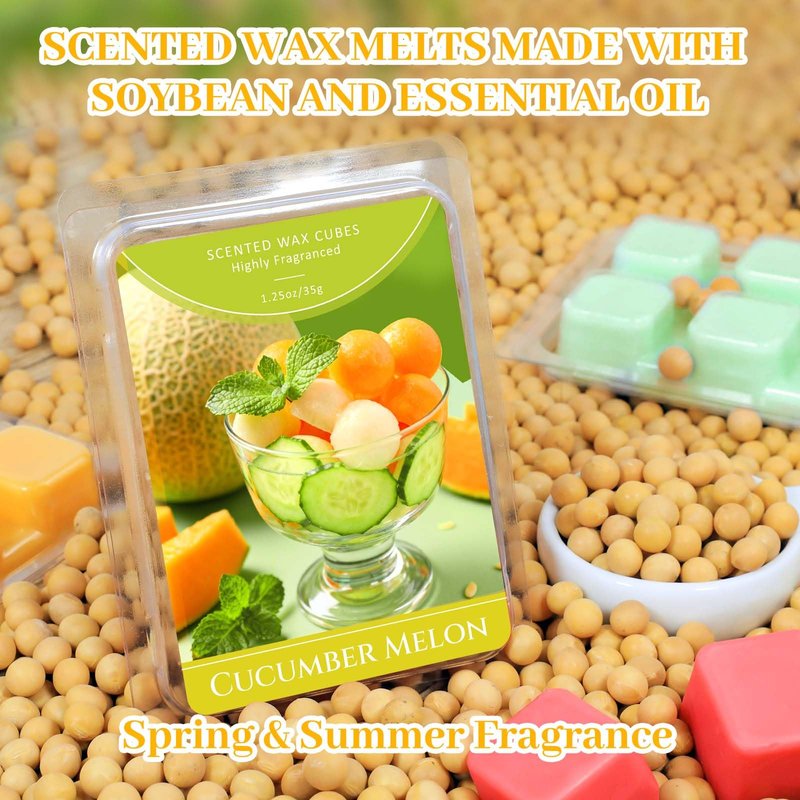 STRN Wax Melts, Soy Wax Cubes 6 Scents Cucumber Melon, Coconut Beach, Pear Blossom, Energizing Citrus, Spring and Summer Scented Long-Lasting Home Fragrance for Wax Warmers, Yoga, 1.25 OZ * 6 Packs