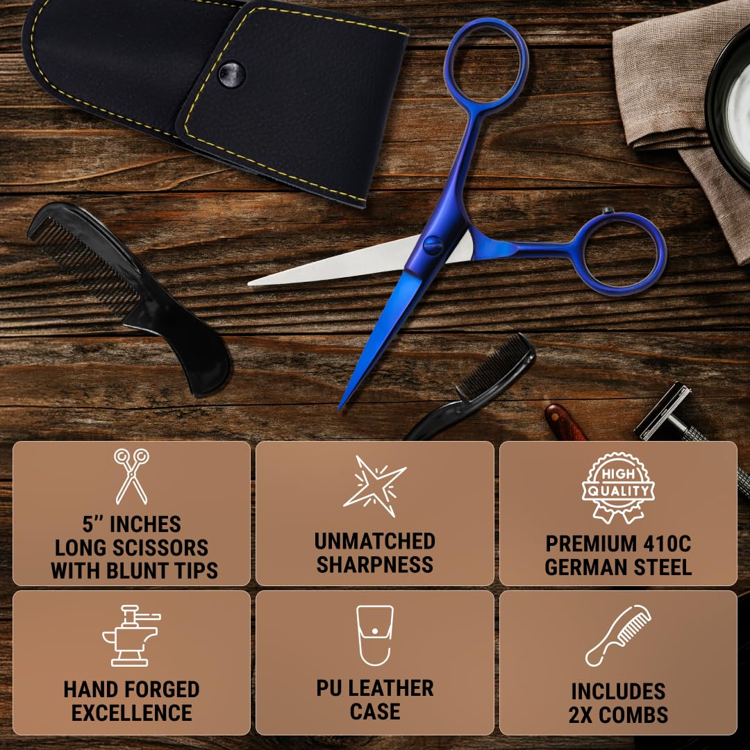 Ontaki Beard & Mustache Scissors for Men - 5inch, Midnight Blue - 410C German Steel Durable, Ergonomic Design Travel Friendly Beard Scissors for Men - Beard Kit 2 Combs & Case Perfect for Styling