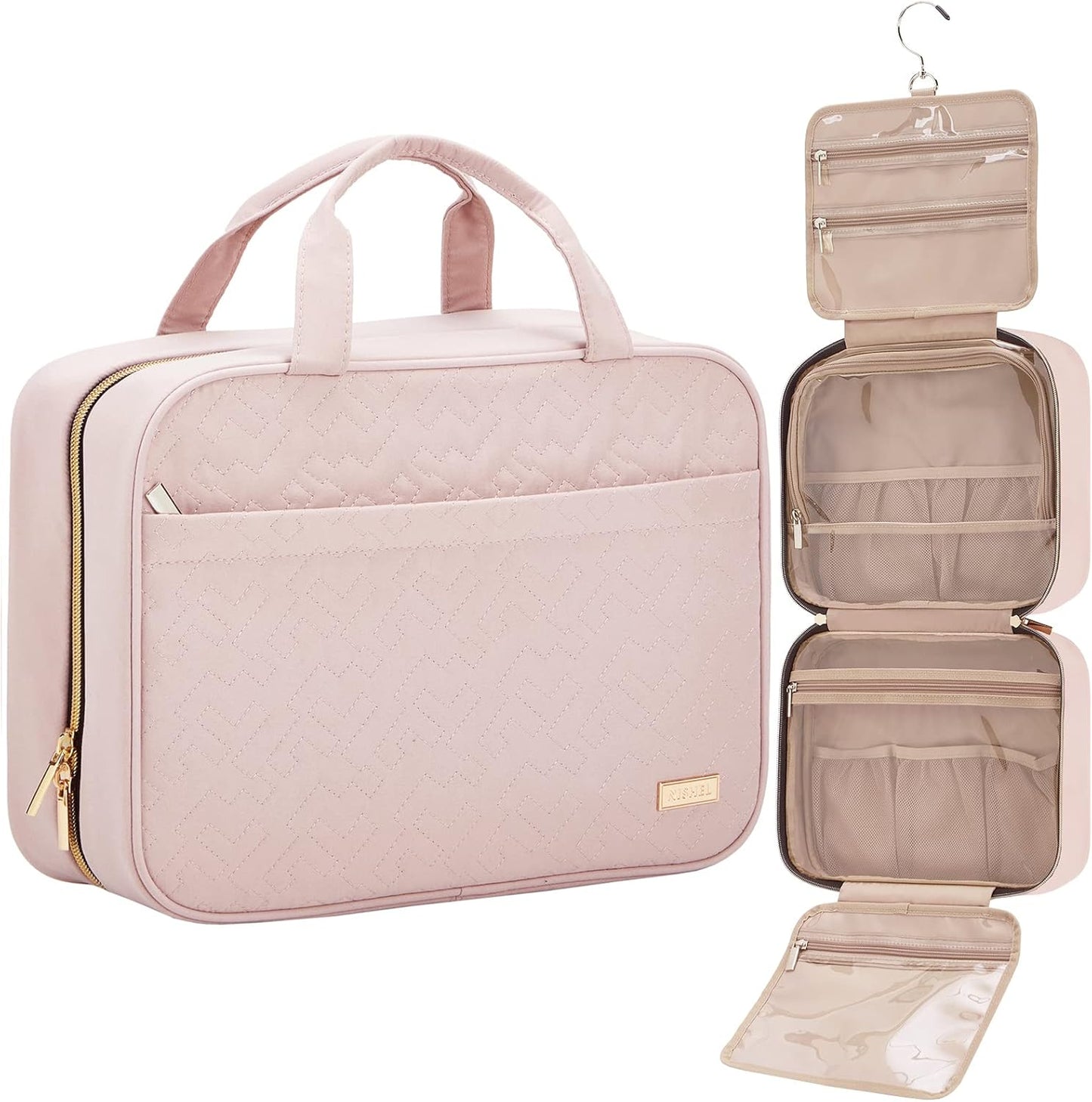 NISHEL Travel Toiletry Bag - Portable Hanging Organizer for Shampoo, Conditioner & Makeup | Medium Pink