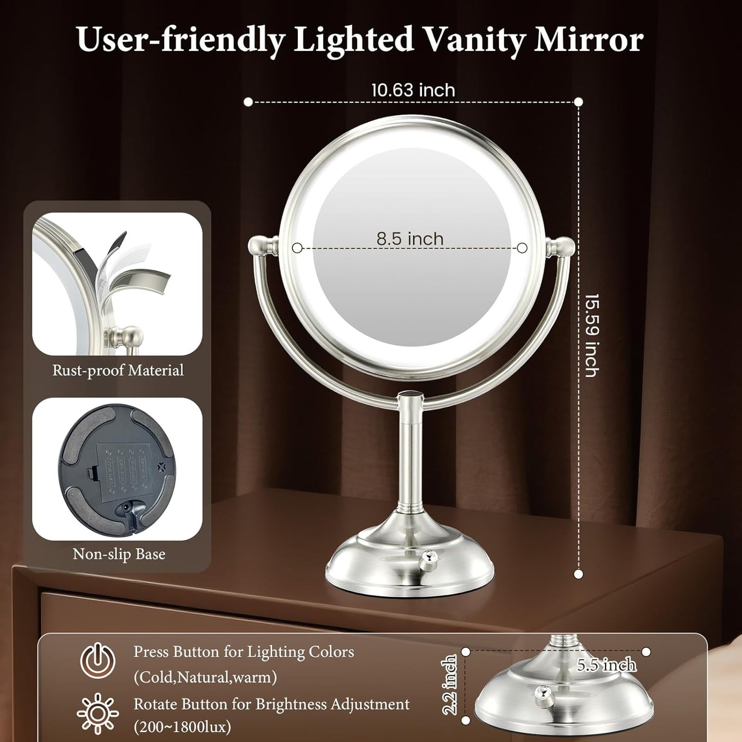 Lighted Makeup Mirror - 8.5" Large 1X/10X True HD Magnification | 3 Color Dimmable Lights, 360° Swivel
