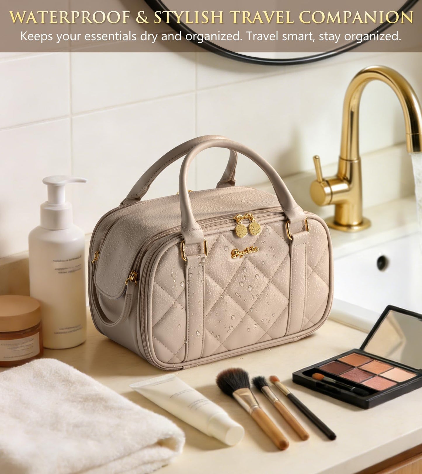 Bagstellar Travel Makeup Bag, Large Capacity Quilted Toiletry Bag for Women Stand-up Cosmetic Bag Open Flat Make Up Case Organizer Portable Pouch Purse w/Handle for Traveling Accessories, Brown
