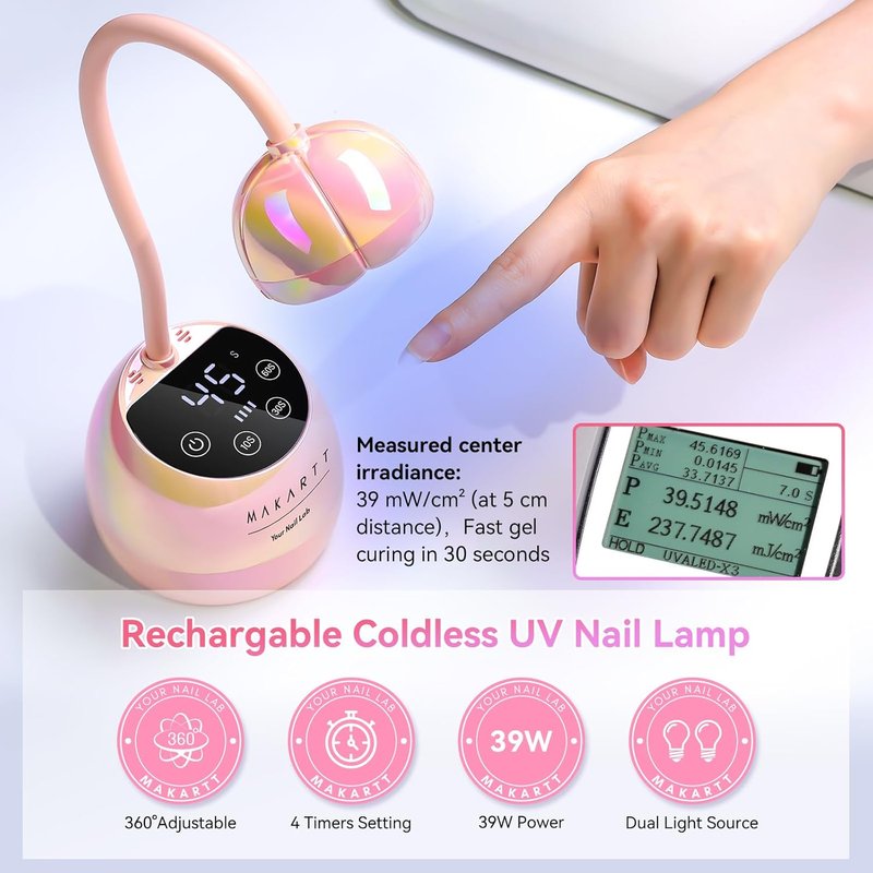 UV LED Nail Lamp - Cordless Gooseneck Dryer with Auto Sensor & 4 Timer Settings | Fast Curing, Glazed Pink