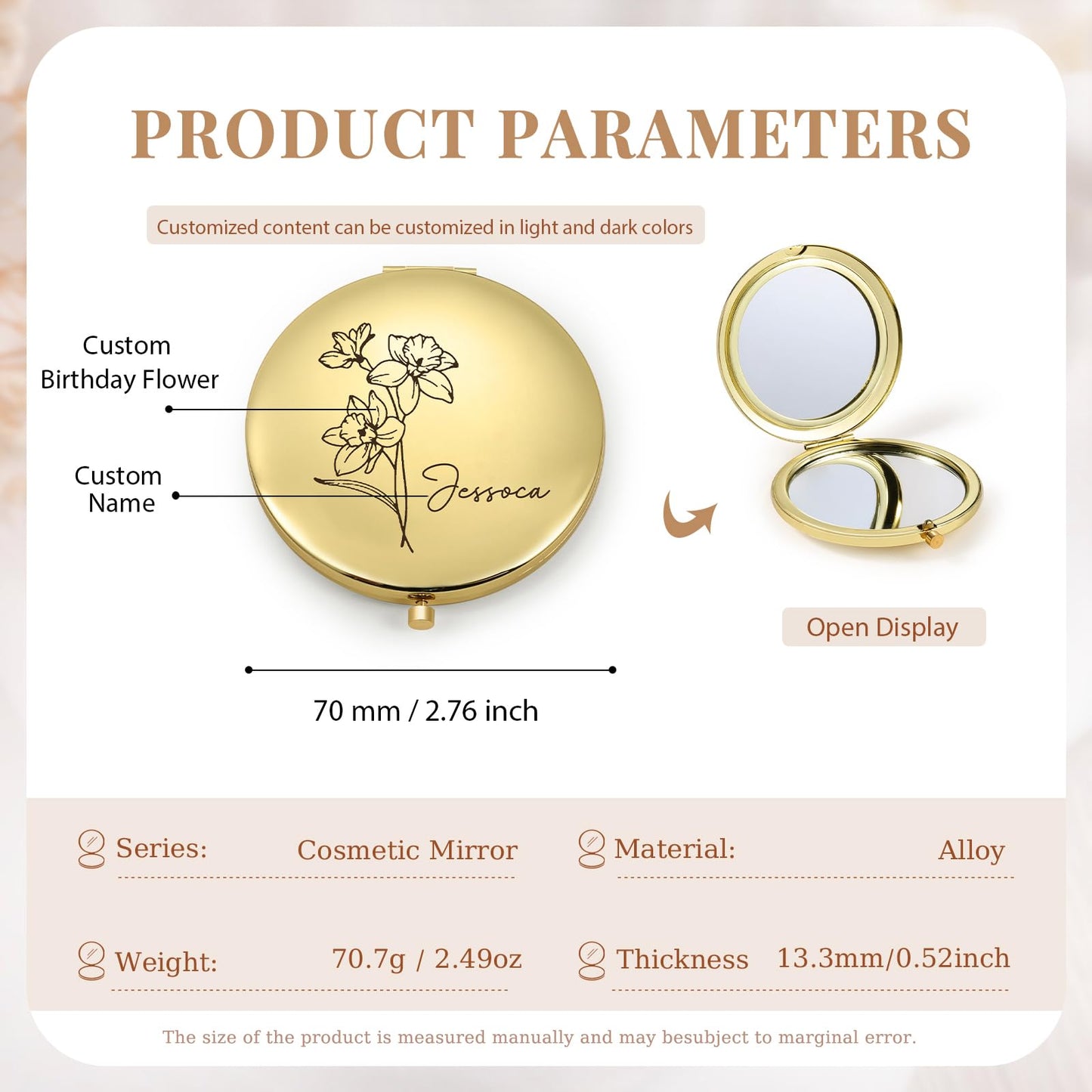 Rayiant Personalized Name Pocket Mirror with Birth Flower, Makeup Mirror for Travel, Ultra Thin Compact Vanity, Portable for Handbag, Purse, Travel Essential (A- Gold)