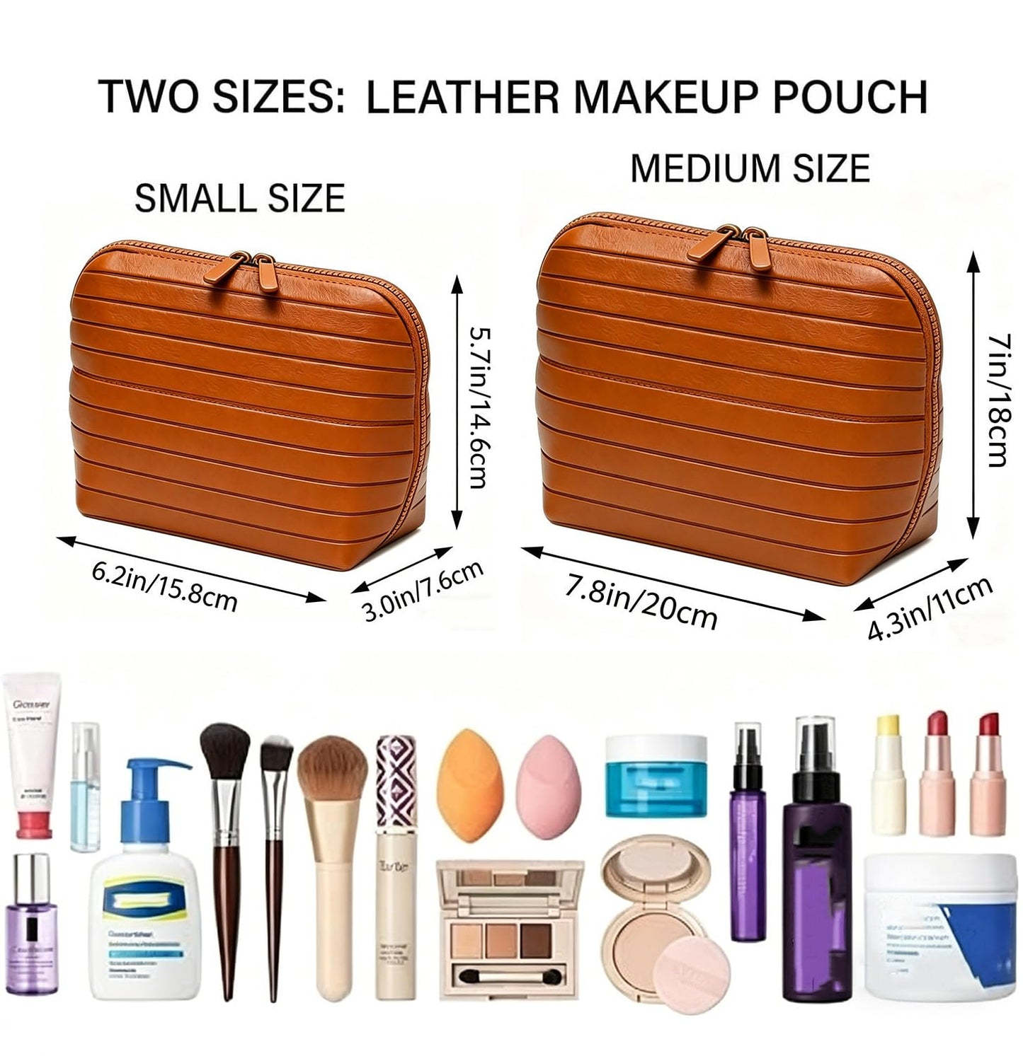 Erfgaiu Parallel Traveler Makeup Bag Fold Down Cosmetic Bag with Brush Holder Toiletry Bags Women Portable Stripe Organizer Case Brown S