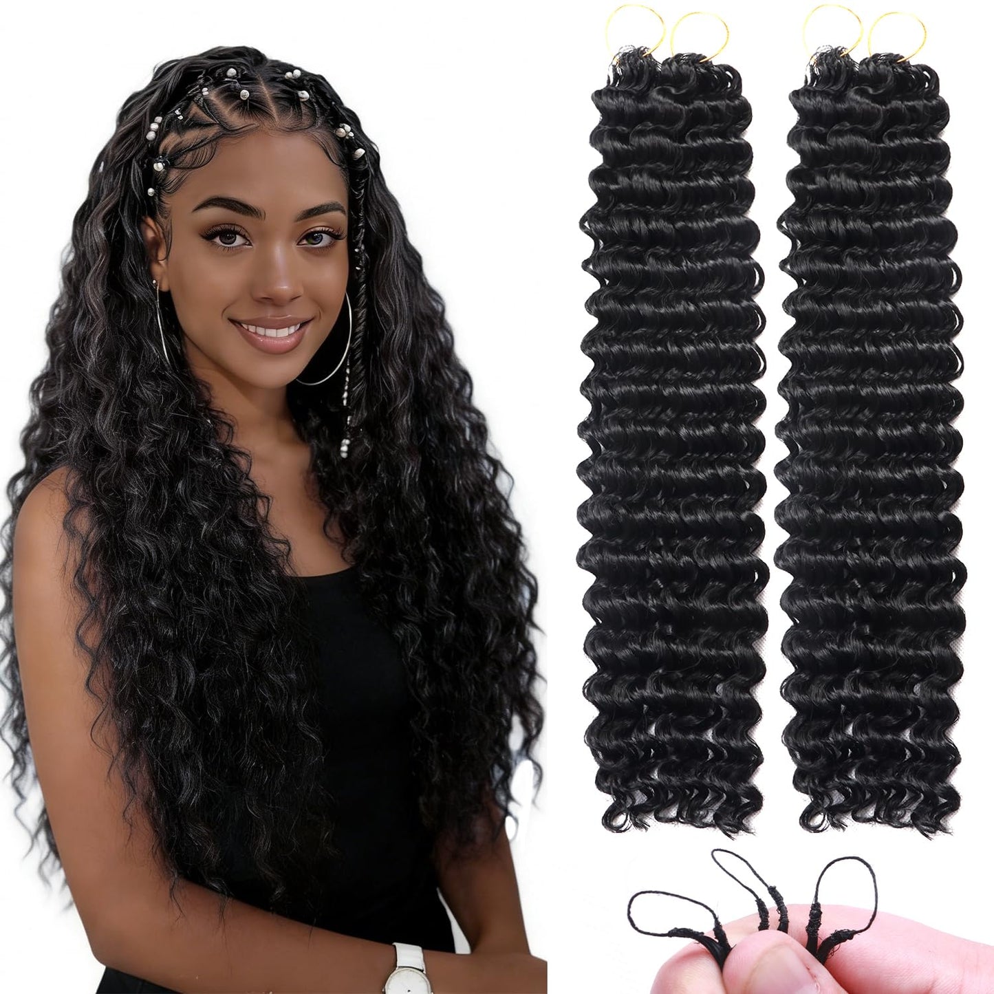 Curly Feather Miracle Knots Crochet Human Hair Feeling 18 Inch 100 Strands Invisible Knotless Pre-Separated Deep Wave Crochet Hair Extensions (1B, 18 Inch-100 Roots)