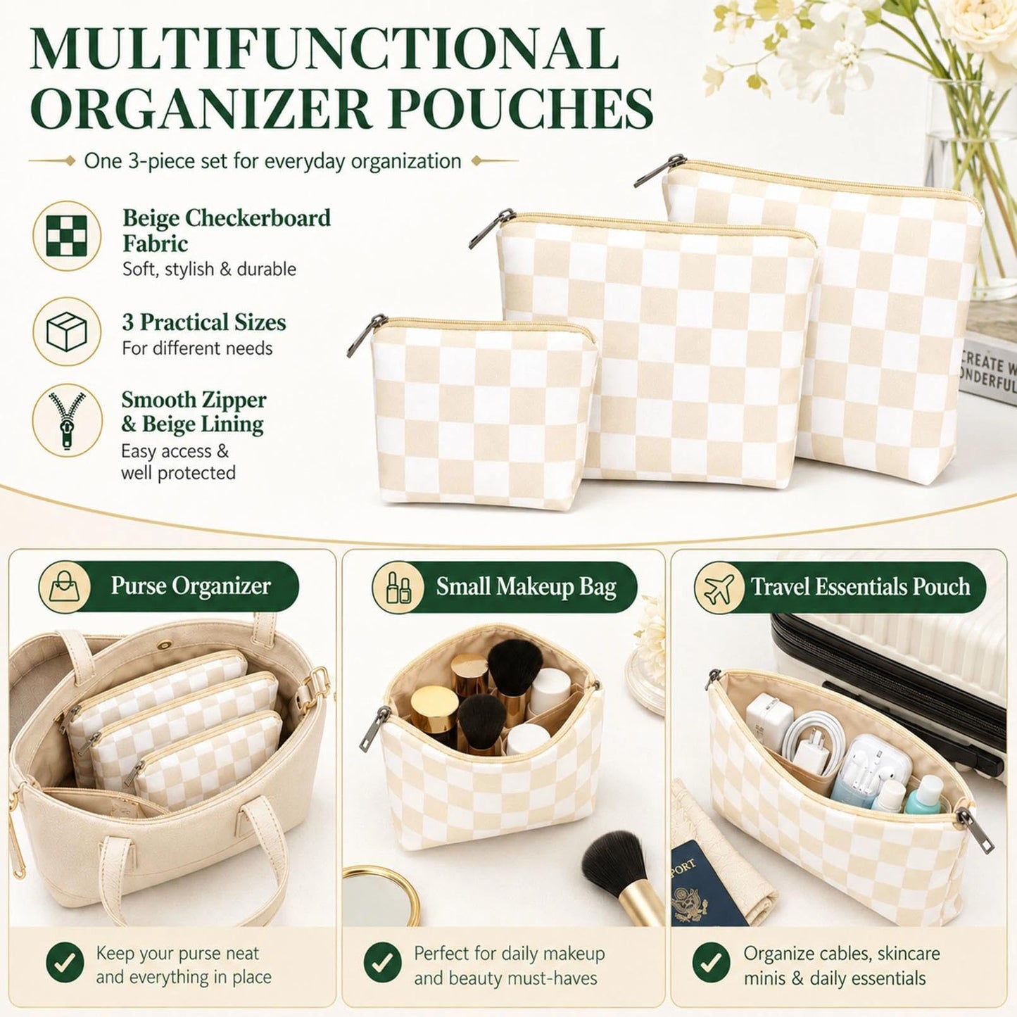BBORGDC Small Cosmetic Bag Set of 3 for Purse, Cute Cotton Floral Makeup Bags, Small Makeup Bag Organizer, Cosmetic Pouch Set for Travel & Daily Use