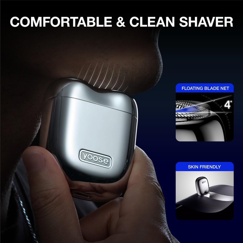 yoose Mini Shaver, Alloy Portable Electric Razor for Men, IPX7 Waterproof, Cordless Dry Shave, USB-C Rechargeable, Battery Indicator, Magnetic Detachable Head, Travel Shaver with Case, Silver
