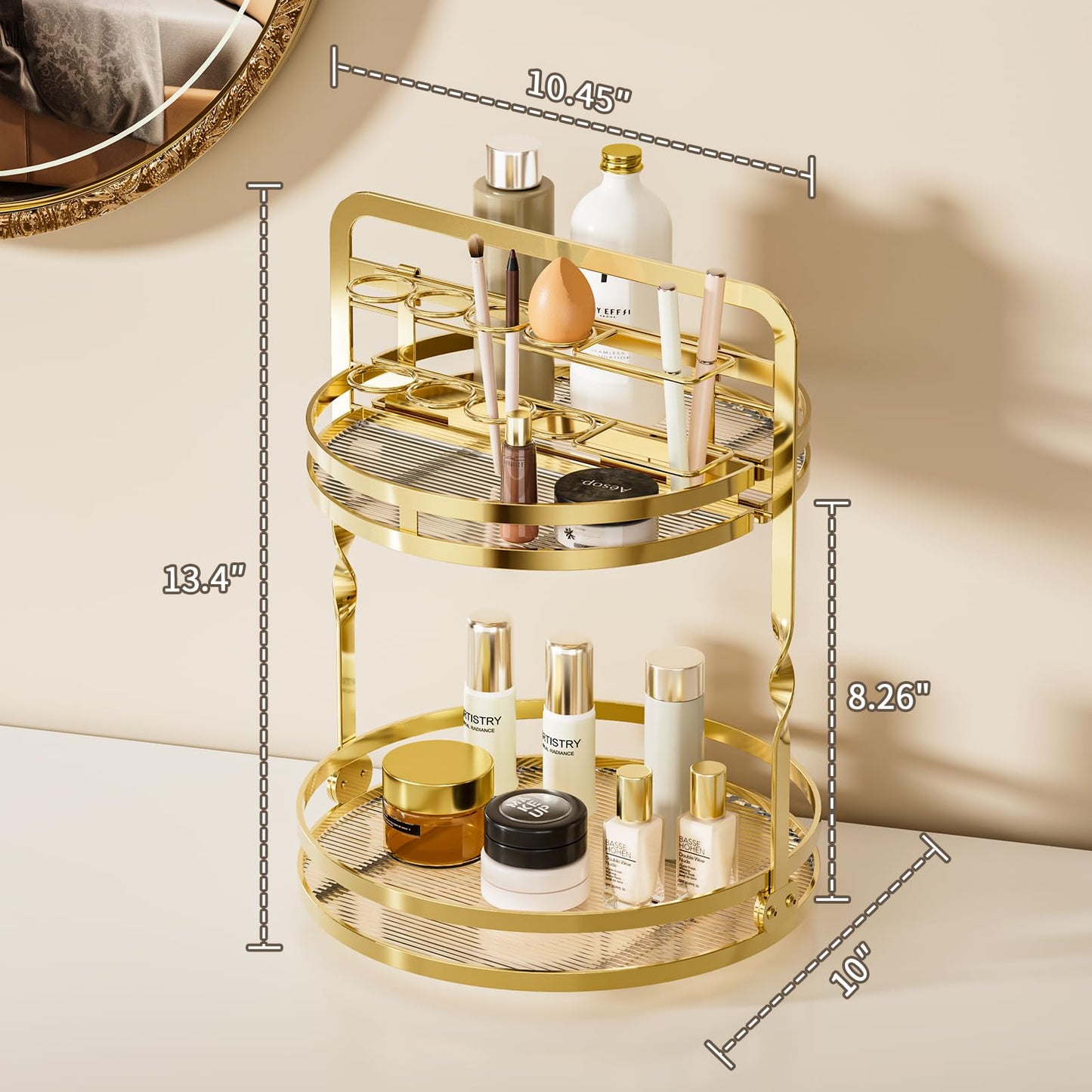 360° Rotating Makeup Organizer, 2-Tier Gold Perfume Organizer for Dresser, Bathroom Organizers Countertop, Perfume Shelf with Makeup Brush Holder, Skincare Holder Cosmetic Display(Gold)