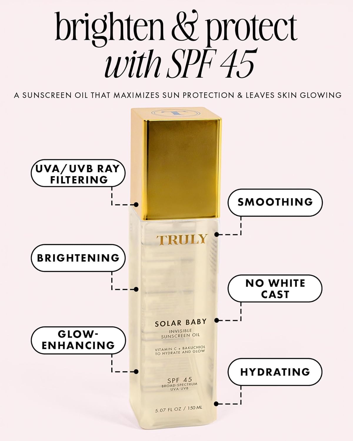Truly Beauty Solar Baby SPF 45 Sunscreen Oil - Lightweight, No White Cast | 3.1 fl oz for Glowing Skin
