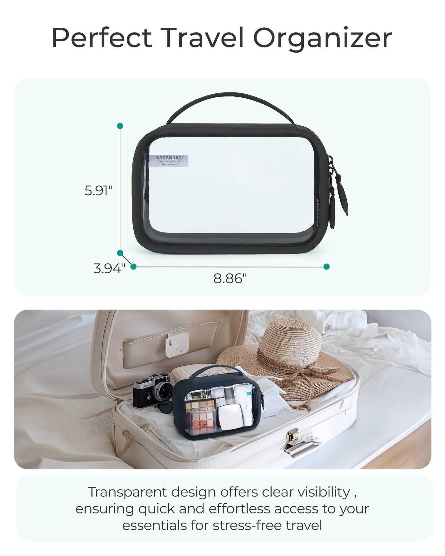 BAGSMART TSA-Approved Toiletry Bag, Large Opening Clear Makeup Bag with Handle, Quart Sized Travel Toiletry Bag, Carry-On Airline Compliant for Men and Women (Black)