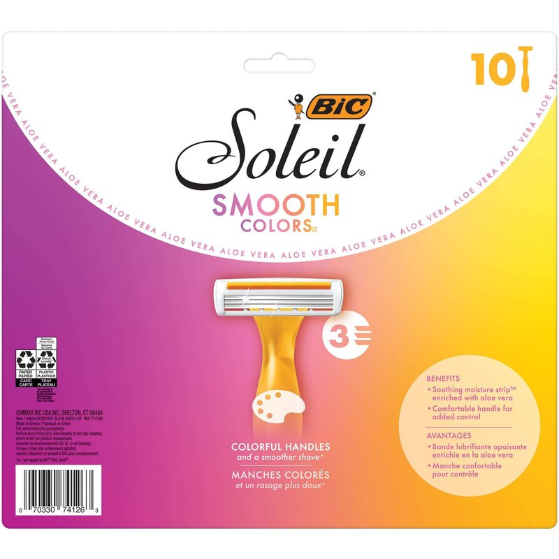 BIC Soleil 3 Colors Women's Disposable with 3 Blade Razors, Anti-Slip Grip and Soothing Moisture Strip, 20-Pack