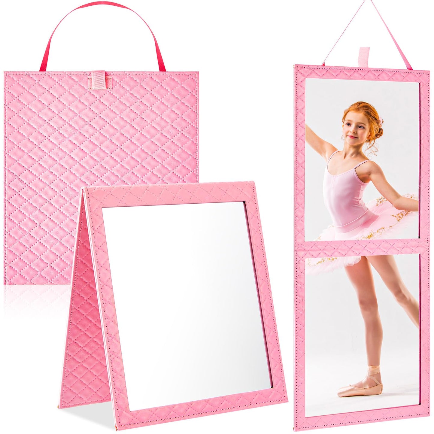 Colingmill Foldable Full Length Mirror Leather 33.5" L x 13.4" W Portable Hanging Travel Mirror with Handle for Travel Dance Camping Home Fitness Spa Gift (Pink, 33.5" L x 13.4" W)