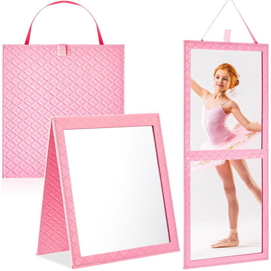 Colingmill Foldable Full Length Mirror Leather 33.5" L x 13.4" W Portable Hanging Travel Mirror with Handle for Travel Dance Camping Home Fitness Spa Gift (Pink, 33.5" L x 13.4" W)